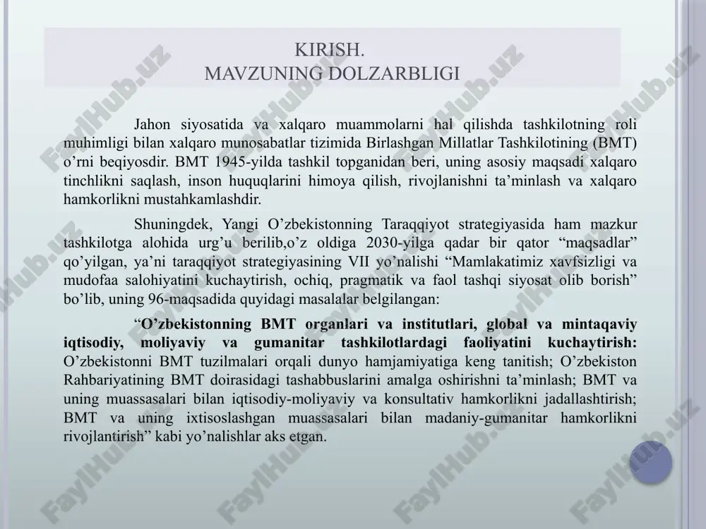 o’rtasidagi siyosiy, iqtisodiy, harbiy, va diplomatik aloqalarning umumiy tuzilmasini ifodalaydi. xalqaro munosabatlar tizimining asosiy elementi sifatida esa dastlab davlatlar, so’ngra bmt kabi xalqaro tashkilotlar, transmilliy korporatsiyalar, nodavlat tashkilotlar yoki alohida shaxslar ham turadi. xalqaro munosabatlar tizimi bosqichlari urush, davlatlar o’rtasidagi muayyan konfliktlar yoki turli geosiyosiy jarayonlar; xalqaro xavfsizlik masalalari yuzasidan kelishuvlar (sulh, bitim yoki konferensiya); kelishuvlar asosida turli tashkilotlarning tuzilishi; yangi xalqaro munosabatlar tizimining o’rnatilishi. vestfaliya tizimi 1648-1814 vena tizimi / yevropa konserti 1815-1914 versal tizimi 1919-1941 yalta- potsdam tizimi 1945-1989 belovej tizimi 1991-………. xalqaro munosabatlar tizimi quyidagicha davrlashtiriladi: ii bob. birlashgan millatlar tashkilotining xalqaro tinchlik va xavfsizlikni ta’minlashdagi ahamiyati. bmtning ixtisoslashgan muassasalari va hududiy tashkilotlar bilan hamkorligi jahon hamjamiyatida bmtning “qurolsizlantirish” siyosatiga oid sa’y-harakatlari o’zbekiston va bmt hamkorligini mustahkamlash istiqbollari “birlashgan millatlar” atamasi amerika qo’shma shtatlar prezidenti franklin d. ruzvelt tomonidan taklif etilib, 1942-yilning 1-yanvaridagi “birlashgan millatlar deklaratsiyasi”da ilk bor ishlatilgan. ushbu tashkilotning nizomi san-fransisko shahrida 1945-yilning 25-aprelidan 25-iyunigacha …