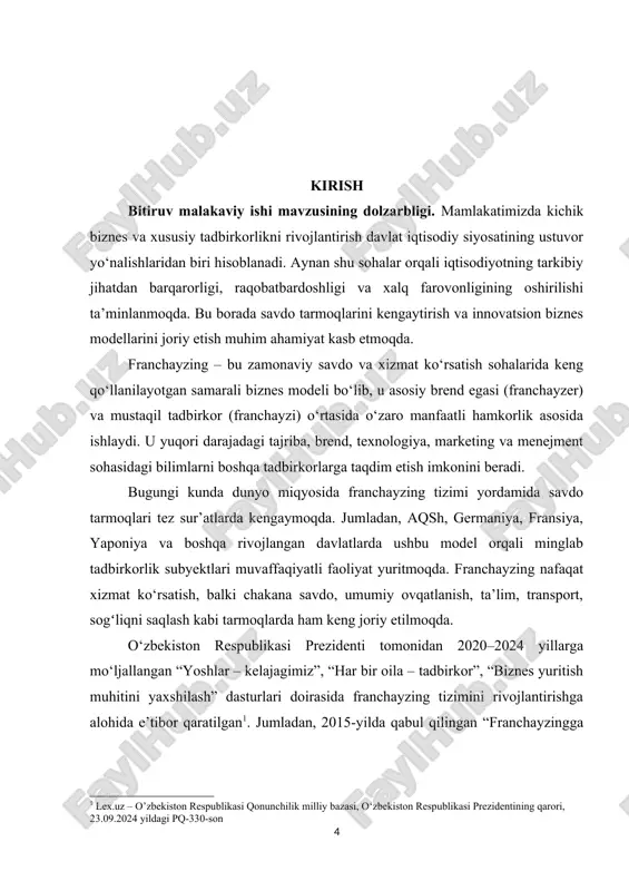 sh mumkin[footnoteref:4]. [4: www.norma.uz – axborot huquqiy portal, franchayzingga buxgalterlik yondashuvi] bitiruv malakaviy ishi mavzusining o‘rganilganlik darajasi. franchayzing tizimi ilk bor xx asrning boshlarida aqshda shakllana boshlagan bo‘lib, bu model asosan yirik kompaniyalar tomonidan o‘z mahsulotlarini keng ommaga yetkazish, xizmat doirasini kengaytirish va yangi bozorlarni egallash vositasi sifatida foydalanilgan. shu sababli, bu modelni iqtisodiy kategoriyalar qatorida birinchi bo‘lib o‘rganganlar safida amerikalik iqtisodchilar – b. anderson, j. stanworth, r. justis, k. lafontaynlar alohida o‘rin egallaydi. ularning tadqiqotlarida franchayzingning huquqiy, menejment va marketing jihatlari tahlil qilingan. yevropa davlatlarida esa franchayzing masalasi, ayniqsa chakana savdo va xizmat ko‘rsatish sohalarida keng qo‘llanila boshlagach, iqtisodiy va amaliy tadqiqotlarning alohida yo‘nalishiga aylangan. fransuz olimi g. kalinovskiy, nemis tadqiqotchilari p. koyl va f. slaterlarning ilmiy ishlari franchayzing modellarining turlari, ularning iqtisodiy samaradorligi va kichik biznes rivojiga ta’sirini o‘rganishga bagʻishlangan. rossiyada franchayzing tizimi 1990-yillarning o‘rtalaridan boshlab ommalashgan. bu borada a. petrov, v. kuleshov, i. nosova, t. voronova kabi …
