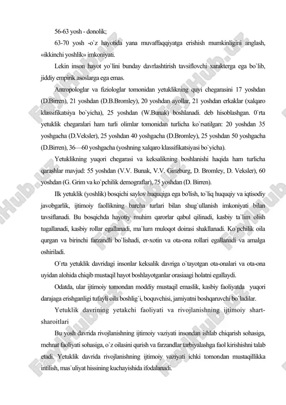 a ifodalanadi. o`z hayoti va yaqinlarining hayoti uchun shaxsiy mas`uliyatni anglash, bu mas`uliyatni qabul qilishga tayyorlik-yetuklik davridagi rivojlanish ijtimoiy vaziyatning asosiy kechinmasidir. a.n. leontev, d.b. elkonin tomonidan bolalik davri uchun ishlab chiqilgan yetakchi faoliyat haqidagi tasavvurlar yetuklik davrida uning ma`nosini chuqurroq tushunishni talab qiladi. yetuklik davrida faoliyatning yetakchi tipi mehnat hisoblana​di. akmeologiya nuqtayi nazaridan aniqlanishicha, nafaqat jamiyatning ishlab chiqarish faoliyatiga kirishish, bunday faoliyatda insonning kuchlarini maksimal darajada foydalanish nazarda tutiladi. shunday qilib, insonning turli faoliyat sohalarida — jis​moniy, axloqiy, intellektual, kasbiy sohalarida yuksak yutuqlarga erishishga intilishi nazarda tutiladi. yetuklik davrida shaxs rivojlanishi yetuklik davrida shaxsning rivojlanishi psixologiyadagi kam o`rganilgan muammolardan biridir. masalan, psixoanalitik na​zariyalar shaxs anomaliyalariga, patologik variantlariga e`tibor qaratadi. norma kasallik belgilarining yo`qligi sifatida qaraladi. boshqa yo`nalish, gumanistik psixologiya vakillari o`zligini namoyon qilgan mashhur shaxslarni absolutlashtiradi. n.a. ribnikov 1920-yillarda katta odamlarning rivojlanish qonuniyatlarini o`rganadigan yosh psixologiyasi sohasini akmeologiya deb atagan. bu g`oya so`nggi 10 yillikda akmeologiyaning insonni yetuklik davridagi …