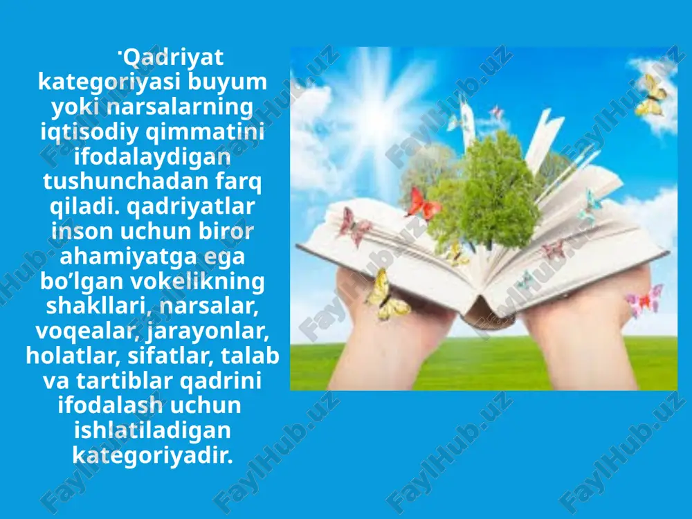 va erkinliklarini himoya qilishga qaratilgan atrixiy hujjatlar edi. o’zbekiston davlat musatqilligiga erishishi bilan musatbid tuzum sharoitida oyoq osti qilingan inson haq - huquqlari va erkinliklarini tiklash, uni himoya qilishga kirishdi. insonning asosiy xuquqlari va erkinliklari o’zbekiston respublikasi asosiy qonuni – kons-tituöiyaning umumiy qoidalari va olti bobdan iborat ikkinchi bo’limida xuquqiy jihatdan musathkamlandi. shuningdek, demokratiya, barqarorlik, oshkoralik, tinchlik, hamkorlik kabi umuminsoniy qadlriyatlarning rivoj topishi uchun ham imkon yaratildi. www.arxiv.uz milliy va umuminsoniy qadriyatlarning uyg’unlashib borayotganligini, musatqillik yillarida o’zbekistonda vujudga kelgan - fuqarolarni tinch, totuv yashashga, barqarorlikka intilishida ham yaqqol ko’rish mumkin. endilikda tinchlik, millatlararo totuvlik, barqarorlik o’zbekistonda yashovchi barcha xalq-larni, millatlarni, elatlarning buyuk ijtimoiy-siyosiy qadriyatiga aylanmoqda. ja-hon öivilizaöiyasining atlablariga mos tushuvchi bunday qadriyatlarni shakllani-shida va rivojlanishida, kishilar turmush atrzida musathkam o’rnashib olishida mustaqillik yillarida mamlakatimizda amalga oshirilayotgan bir qator xayrli tad-birlar turtki bermoqda. xulosa yuqoridagi fikrlarimizdan quyidagi xulosalar kelib chiqadi: 1. qadriyat alloqanday hodisa, voqea yoki narsaning o’ziga xos xususiyati yoki …
