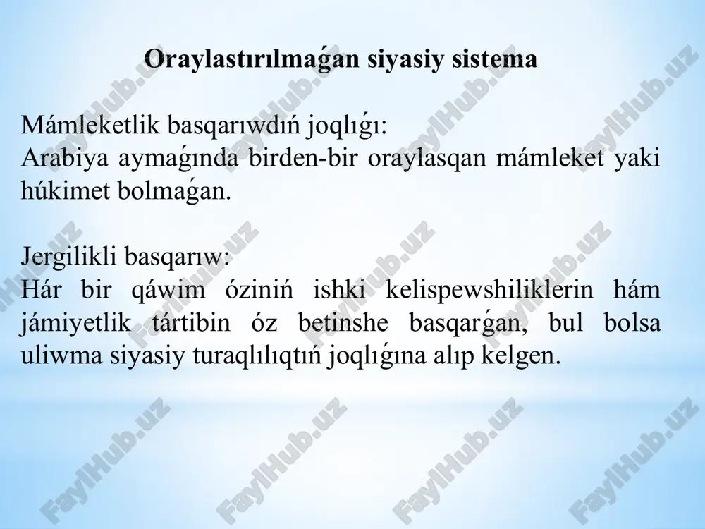 atlar júzege keldi. andalusiya (ispaniya), hindstan hám basqa aymaqlarda islam mádeniyatı jergilikli dástúrler menen úylesip, ózine tán formaga kirip bardı. usı tárizde islam dini kóplegen xalıqlar hám regionlardıń turmısına tereń tásir kórsetti. islamnıń tiykarǵı principleri tavhid (qudaydıń birligi): adamlarga jalgız qudayǵa sıyınıw hám basqa qudaylardan waz keshiw úyretilgen. ádep-ikramlılıq hám sociallıq tártip: ádalat, miyrim-shápáát, hadallıq hám óz ara járdem sıyaqlı qádiriyatlar táliymattıń oraylıq ornın iyeledi. quran hám súnnet: quran - islamnıń muqaddes kitabı bolıp, musılmanlar turmısınıń barlıq tarawların tártipke salıwshı tiykarǵı derek esaplanadı. muxammedtiń ómiri (sunna) bolsa onıń ámeliy táliymatın sáwlelendiredi. islamnıń tarqalıwı mekkeden madinaǵa hijrat: muhammed (s.a.v.) hám onıń izbasarlarınıń madinaǵa hijratı (hijrat) jańa jámiyettiń jaratılıwında áhmiyetli waqıya boldı. bul waqıya islamnıń tarqalıwı hám sociallıq sistemaǵa kirip barıwına tiykar jarattı. diniy hám siyasiy ózgerisler: islamnıń keliwi menen jaxiliya dáwirindegi qáwimlik sistema hám oraylaspaǵan siyasiy basqarıw ornına birden-bir ádep-ikramlılıq hám huqıqıy sistema qáliplesti. bul bolsa keyin ala arab xalifalıqları dáwirinde …