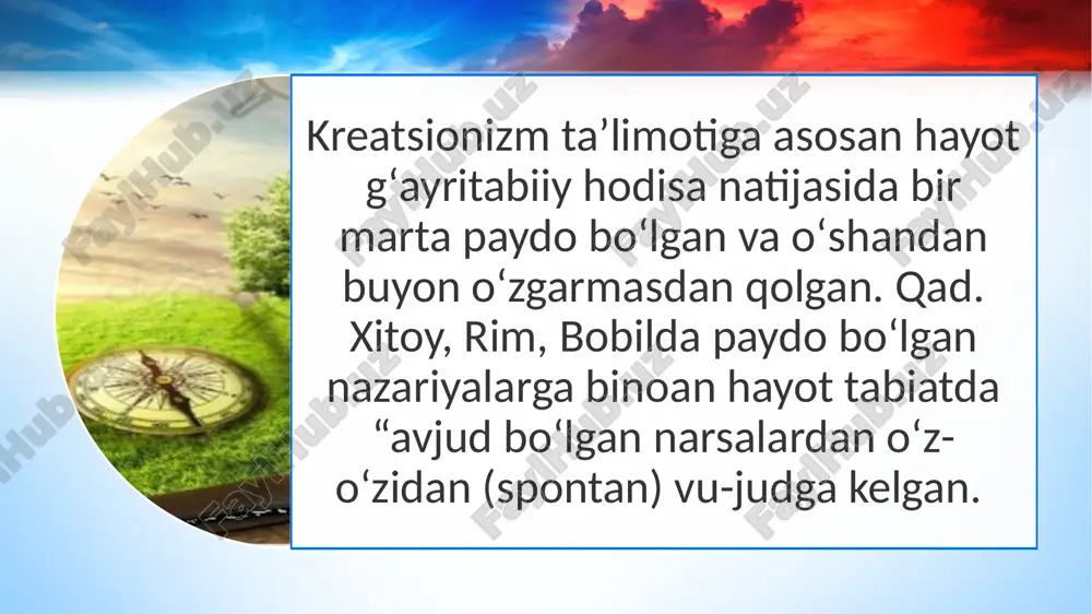 a oqsillar yangi nuklein kislotalar, oqsillar va boshqa moddalar sintezi reaksiyalarini, shuningdek, boshqa jarayonlarni taʼminlaydigan energiyaning qayta taqsimlanishi, yaʼni genetik informatsiyaning fenotik namoyon boʻlishini boshqargan; nukle-in kislotalar esa bu jarayonlarni zarur axborot bilan taʼminlaydigan vositaga aylangan. keyinchalik genetik axborotni tashish vazifasi rnkdan dnk ga oʻtgan. dnk ning qoʻsh zanjirdan tuzilganligi genetik axborot turgʻun boʻlishini va replikatsiya mexanizmining amalga oshirilishini taʼminlaydi. rnk esa axborotni dnk dan oqsilga olib kelishga ixtisoslashgan. hozirgi mavjud boʻlgan barcha organizmlarda axborot oqimi xuddi shu yoʻnalishda boradi a.i. oparin va s.foks tajribalarida har xil polimerlar suvda aralashtirilganida, ular birlashib turli xil molekulalardan iborat murakkab agre-gatlar — koatservat tomchilar hosil qilishi aniqtangan. organik mole-kulalarning bunday kompleksi hozirgi hujayralarga oʻxshash xossalarga ega boʻlib, koʻpincha lipidlardan iborat sirtqi membranani hosil qiladi. bu membrana moddalarni atrof muhitdan tanlab oʻtkazish, ichki muhitning doimiyligini taʼminlash, ayrim kimyoviy reaksiyalarni katalizlash xususiyatiga ega. foydalanilgan adabiyotlar x.xoliqov va boshqalar “биотехнология”, “abu ali ibn sino nomidagi tibbiyot …