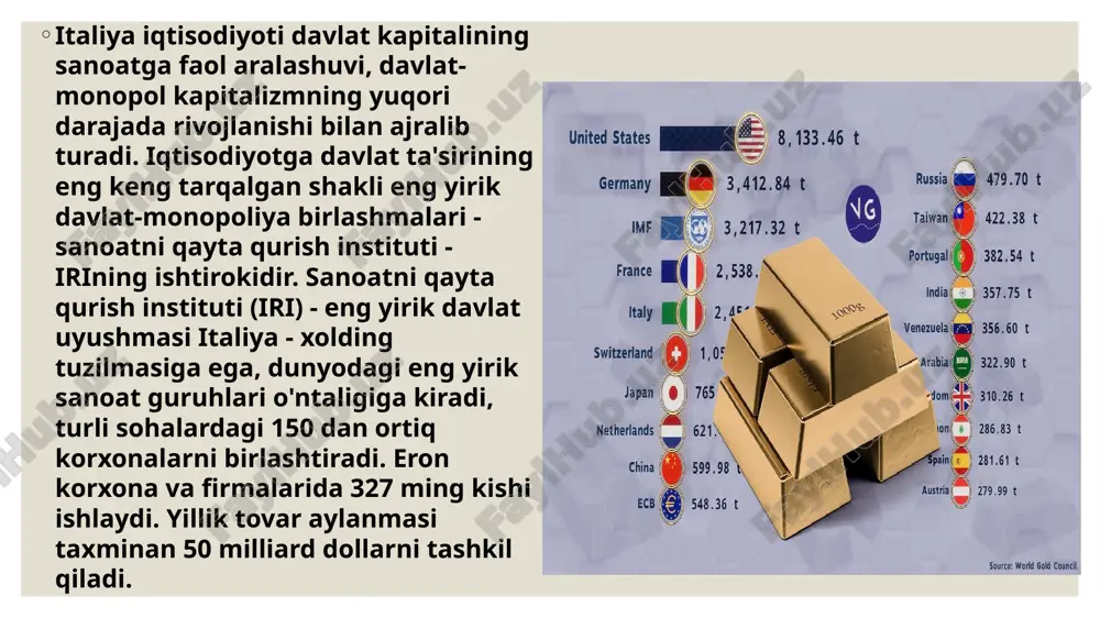b-kitoblarga ko'ra, eng yirik kapitalistik mamlakatlar orasida italiya import qilinadigan yoqilg'i, sanoat va qishloq xo'jaligi xom ashyosiga eng ko'p qaram (yaponiyadan ko'proq). shunday qilib, aholi jon boshiga energiya iste'molining nisbatan past darajasiga qaramay, italiya ichki yoqilg'iga bo'lgan ehtiyojni qoplashda importning roli bo'yicha evropa ittifoqida birinchi o'rinda turadi. muddati tashqi manbalar respublikada birlamchi energiya iste’molining 83 foizi, jumladan, neft – 95 foizi, qattiq yoqilg‘i – 93 foizi, tabiiy gaz – 69 foizi, elektr energiyasi – 42 foizi qanoatlantirilmoqda. yangiliklar italiya bojxonachilari posilkalar orasidan dinozavr tuxumini topdilar rim, 14 iyun - ria novosti, aleksandr logunov. italiyaning bergamo shahri aeroporti bojxonachilari italiyaga olib kirish uchun mo‘ljallangan posilkalar orasidan dinozavr tuxumini topdi, deb xabar bermoqda giornale di brescia mahalliy nashri.toshdan yasalgan "ramkadagi" toshlangan dinozavr tuxum qobig'i apennin orollariga malayziyadan onlayn xarid sifatida kelgan. posilka italiyaga shubhali hujjatlar bilan kelgan - sertifikat, gazeta ta'kidlaganidek, mavjud bo'lmagan agentlik tomonidan berilgan. italiya bojxonachilari qahva qoplariga solingan 730 …
