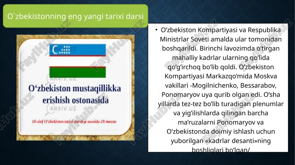 qilib koridormakoridor, eshikma-eshik turtinib yurdilar. norozilik ayniqsa xotin-qizlar orasida ko’paydi. 1986-87 yillarda respublikada 270 ayol o’zini-o’zi yondirib yubordi. o`zbekistonning eng yangi tarixi darsi bu holat ularning sha’ni, qadr-qiymatining toptalashi, haq-huquqlarining buzilishiga nisbatan ko’rsatilgan norozilik edi. haqiqat, adolat keyinroq islov karimov o’zbekiston rahbari bo’lgach ro’yobga chiqdi. islom karimov tashabbusi bilan «paxta ishi»ni ko’rib chiqish uchun maxsus komissiya tuzildi. pirovardida 3,5 mingdan ko’proq kishi oqlandi, qolganlari avf etildi. ijtimoiy-siyosiy hayot xalqning juda boy tarixi va madaniyatini, o’lkaning o’ziga xos noyob xususiyatlarini bilmagan va bilishni istamagan kelgindilar mahalliy xalqning urf-odatlari, an’analarini oyoq-osti qildilar. xalqimizning boy madaniyati va ma’naviy qadriyatlari kamsitildi. ona tilining qo’llanilishi yanada cheklab qo’yildi. hatto milliy libos kiyib yurish ham qoralandi. milliy an’analar bo’yicha to’y qilgan, qarindosh-urug’larini milliy, diniy qadriyatlar asosida dafn qilganlar tanqid ostiga olindi, shafqatsiz jazolandi. bunday vaziyat xalqni ranjitdi, hafsalasini pir qildi, siyosiy loqaydlikni kuchaytirdi. ko’plab olimlar, yozuvchilar va boshqa ijodiy xodimlar aziyat chekdi.ularning ko’pchiligi mahalliychilikda, milliy cheklanganlikda, …