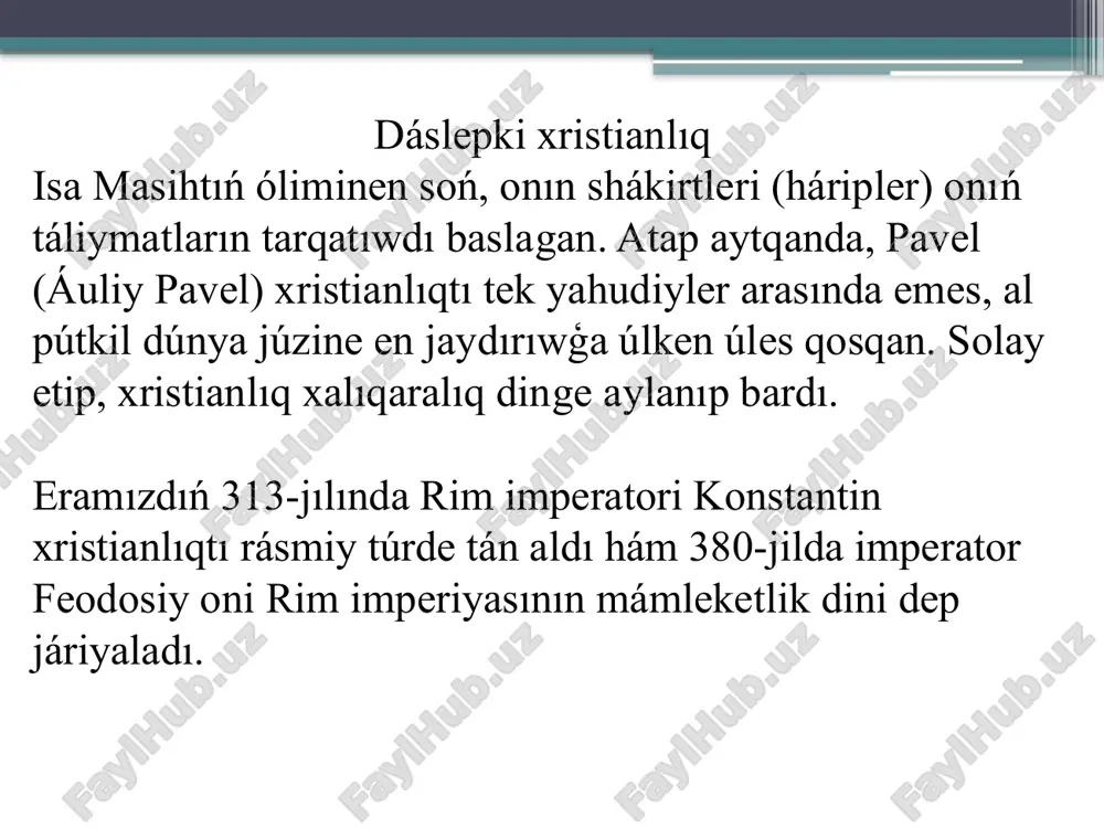 n ildirip, shańaraqlıq jıynalıslar ótkeredi. 2. pasxa (iysa xristostıń tirilisi) ️ 📅 mart yamasa aprel ayında (hár jılı sánesi ózgeredi) iysa xristos krestke asılǵannan keyin úshinshi kúni tiriliwine arnalǵan bayram. xristianlar ibadat etedi, shirkewge baradı hám pasxa máyeklerin boyadı. 3. xristostıń aspanǵa kóteriliwi (vzneshenie) ️ 📅 pasxadan 40 kún ótip belgilenedi isa masih aspanģa kóterilgen kún bolip esaplanadı. 4. muqaddes ruwxtıń túsiwi (trinitiy yamasa pentecost) 🔥 📅 pasxadan 50 kún ótip belgilenedi xristian isenimine qaray, isa masixtıń shákirtlerine muqaddes ruwx túsken kún. 5. baylanıs kúni (bogoyavleniye ili epiphany) ∞ 📅 6-yanvar (batıs dástúri), 19-yanvar (pravoslavlar) isa masihtıń suwga batırılgan kúni sipatında belgilenedi 6. xristostıń denesi hám qanı bayramı (corpus christi) 😁 📅 pasxadan keyin 60 kún ótip belgilenedi iysa xristostıń evxariste (muqaddes nan hám vino máresimi) bar ekenligin eske alıw ushın ótkeriledi. 7. áwlieler hám áwlieler kúni (all saints' day) ∞ 📅 1-noyabr. barlıq xristian áwliyelerin húrmetlew ushın belgilenedi. ádep-ikramlıq …