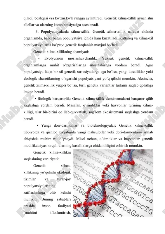 arishda yordam beradi. shuning uchun genetik xilma-xillikni saqlash va uni mustahkamlash global ekologik muammolarga qarshi kurashda asosiy masalalardan biridir. 2.odamlardagi genetik xilma-xillikka misollar odamlardagi genetik xilma-xillik — bu insonlarning genetik materialida mavjud bo’lgan turli xil genetik variantlar va farqliliklarni anglatadi. bu xilma-xilliklar, odamlarning tashqi ko’rinishidan tortib, ularning salomatligi va xulq-atvoriga qadar turli jihatlarni ta’sir qiladi. quyida insonlardagi genetik xilma-xillikka misollar keltiraman: 1. ko’z rangi ko’z rangi odamlarning tashqi ko’rinishidagi eng yaxshi misollardan biridir. bu xususiyat melanin deb ataladigan pigmentning miqdoriga bog’liq. ko’z rangining turli xil variantlari mavjud: • ko’k — past melanin miqdori. • yashil — o’rtacha melanin miqdori. • jigarrang — yuqori melanin miqdori. • sariq yoki qizil rangli ko’zlar — ba’zi alohida mutatsiyalar natijasida yuzaga keladi. 2. qulflash yoki ingichkalashish (earwax type) qulflash turi ham genetik xilma-xillikka misoldir. insonlarning quloqdagi moyi (earwax) quruq yoki mo’rt bo’lishi mumkin. bu xususiyat abcc11 genida joylashgan allel orqali boshqariladi. quruq quloq moyi …