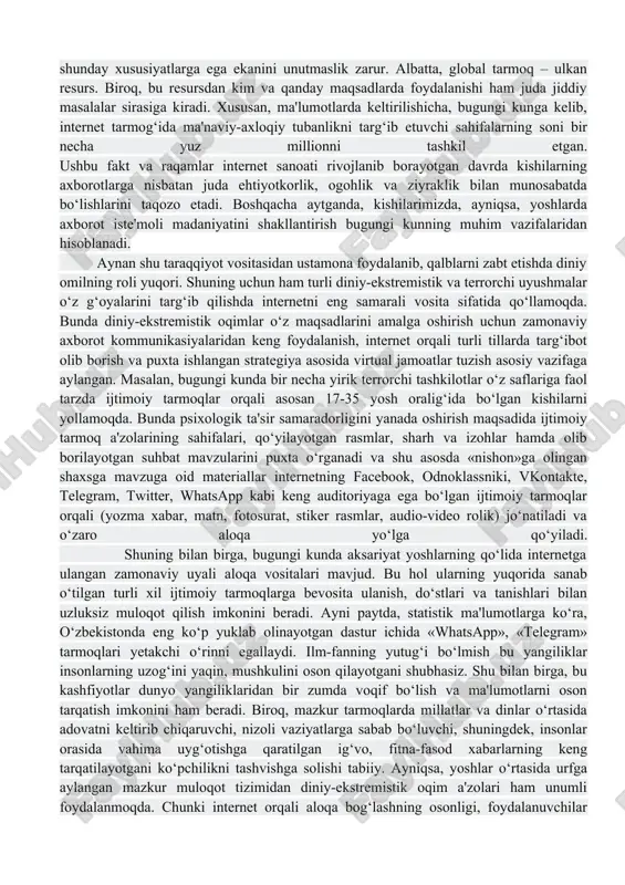 turli, ba'zida bir-biriga zid fikr-mulohazalar mavjud. ularga alohida ravishda to‘xtalmagan holda, bu boradagi ayrim nuqtai nazarlarga e'tiborni qaratish joiz. manbalarda ta'kidlanishicha, «axborot urushi» atamasi ilk bor 1976 yil «boeing» kompaniyasi uchun tayyorlangan «qurol tizimi va axborot urushi» deb nomlangan hisobotda tomas rona tomonidan ishlatilgan. hujjatda mutaxassis axborot infratuzilmasi aqsh iqtisodiyotining muhim komponentiga aylanib borayotgan axborot sohasi ham urush, ham tinchlik holatlarida nozik, zaif tarmoq bo‘lib qolayotganini ta'kidlagan. t.rona tomonidan ilgari surilgan ushbu g‘oya harbiylar ommaviy axborot vositalari xodimlarida katta qiziqish uyg‘otdi, bu borada ilmiy tahlillar, interv'yular, chiqishlar avj oldi. 1980 yillarga kelib esa jamoatchilikda axborotning maqsad hamda qurol, vosita sifatida namoyon bo‘lishi haqida yagona xulosa shakllandi. «sovuq urushi»ning nihoyasi va aqsh oldida yangi vazifalar paydo bo‘lishi bilan «axborot urushi» atamasi mudofaa vazirligi hujjatlariga kiritildi. 1991 yil «sahrodagi bo‘ron» operatsiyasi mobaynida axborot texnologiyalari ilk marotaba harbiy harakatlarning vositasi sifatida ishlatildi. 2.yoshlarni internet va ijtimoiy tarmoqlardagi axborot xurujlaridan asrashning dolzarb masalalari. internet …
