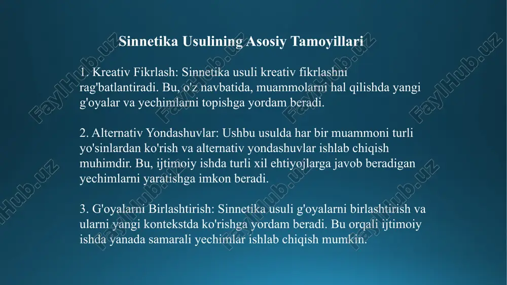 a ega bo'lishadi. ijtimoiy ishda sinnetika usulining qo'llanilishi, nafaqat muammolarni hal qilish jarayonini yaxshilaydi, balki ijtimoiy xizmatlarning sifatini oshiradi va jamiyatning turli qatlamlariga yanada samarali xizmat ko'rsatishga imkon beradi. foydalanilgan adabiyotlar мельников в. п., холостова е. и.. история социальной работы в россии, 2-е изд, м.: маркетинг, 2005. isbn 5-94798-486-5. технологии социальной работы. учебник. м.: инфра-м, 2001. isbn 5-94798-486-5. вдовина м. в. социальная работа с семьей:специальных программих подготовка специалистов // знание. понимание. умение. — m., 2005. osnovnie napravleniya sotsialnoy raboti s uchastiem jenщin ideynie istoki formirovaniya konsepsii professionalnogo obrazovaniya amerikanskix sotsialnix rabotnikov meri richmond vozniknovenie professionalnogo obrazovaniya po sotsialnoy rabote elberfeldskaya sistema sotsialnoy pomoщi neimuщim: ot dobrovolchestva k professionalizmu e’tiboringiz uchun rahmat image2.png image3.png image4.png image5.png image6.png image7.png image1.png /docprops/thumbnail.jpeg