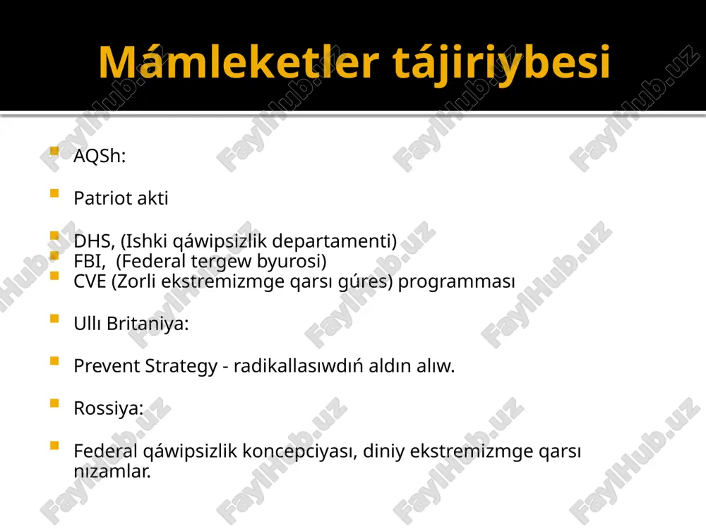 ekstannıń "diniy erkinlik hám milletleraralıq tatıwlıq" siyasatın úlgili model sıpatında tán alǵan. ózbekstanda ekstremizm hám terrorizmge qarsı gúres: tiykarǵı qatnas ózbekstan respublikası: ekstremizm hám terrorizmdi milliy qáwipsizlikke qáwip dep biledi. bul qáwipke qarsı gúresiwde kompleksli, sistemalı hám profilaktikalıq qatnastı qollanadı. nızamshılıq bazası bekkemlenbekte ️tómendegi tiykarǵı nızamlar qabıl etilgen hám jańalanbaqta: ekstremistlik jumısqa qarsı gúresiw haqqındaǵı nızam (2018-j.) "terrorizmge qarsı gúresiw haqqında"ǵı nızam (2000, jańalanǵan 2021) jınayat kodeksine ekstremizm hám terrorizm menen baylanıslı statyalardıń kúsheytilgen túrleri kirgizilgen. arnawlı xızmetler hám huqıq qorǵaw uyımlarınıń jumısı tómendegi uyımlar belsene qatnasadı: milliy qáwipsizlik xizmeti (dxx) ishki isler ministrligi ádillik ministrligi tergew organları terrorchilik harakatlarini erta aniqlash internetdagi radikallashuvga qarshi monitoring olib borish jinoiy guruhlar faoliyatini bartaraf qilish bilan shug‘ullanadi ruwxıy-aǵartıwshılıq hám profilaktikalıq jumıslar ➤ ózbekstan ekstremizmge qarsı "jumsaq kúsh" - ruwxıy-aǵartıwshılıq qatnastı kúsheytpekte: meshitler, mektepler, kolledj hám universitetlerde úgit-násiyat jumısları jaslar menen profilaktikalıq sáwbetlesiwler, treningler diniy bilimler hám huqiqiy sawatxanlıqtı asırıw. diniy shólkemler menen …