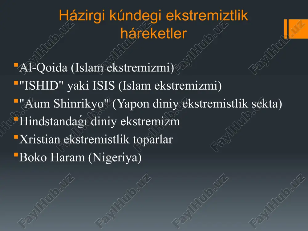 biraq hár dayım emes. diniy radikalizimniń payda boliwi xx ásirdiń ekinshi yarımında siyasiy hám sociallıq ádalacızlıqlarga juwap retinde payda bolgan. 1979-jilģi iran islam revolyuciyası radikal islam ideyalarınıń hákimiyatqa kelgen dáslepki mısallarınan biri boldı. awganstanda sovet basqınshılıǵına qarsı gúresken mujohidler arasında radikal tendenciyalar kúsheygen. islam nıqabındaǵı ekstremizm - bul islam dininen paydalanıp, zorlıq, mawasasızlıq, siyasiy radikalizm hám terrorizmdi tiykarlawga uriniw. bul ideologiya tiykargı islam dogmaları emes, bálkim belgili bir siyasiy yaki ideologiyalıq maqsetlerdi ámelge asırıw ushin dinnen nıqap sipatında paydalanadı. qadaǵan etiwshilik hám tek ózin haq dep biliw ekstremistlik toparlar óz ideyaların birden-bir tuwrı jol dep biledi, basqa musılmanlar hám isenimler olardıń kóz qarasında "kápir" yamasa "júzegóy" esaplanadı. menmenlik- basqa musılmanlardı da kápirge aylandırıw. zorlıqtı "jihad" dep kórsetiw quran hám hádislerdiń mánisin naduris túsindirip, qurallı gúresti "párz" dep járiyalaydı. tiykarında, islamda úlken jihad - bul nápsi menen gúres, yaǵnıy ruwxıy pákleniw. batıslasıwǵa qarsı radikal poziciya batıs mádeniyatı, bilimlendiriwi, texnologiyası hám turmıs …