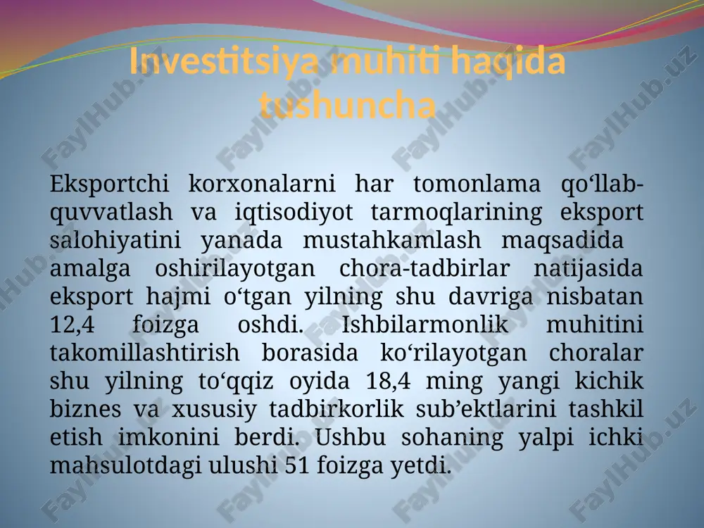 muddatli istiqbolga mo‘ljallangan bo‘lib, investorlarning samarali ishlashi uchun barcha zarur shart-sharoitlarni yaratib berishga qaratilgan. buning uchun o‘zbekistonda barcha imkoniyatlar bor, ya’ni mamlakatimizning geografik joylashuvi qulay, transport tarmog‘i yaxshi rivojlangan, ishlab chiqarish va ijtimoiy infratuzilma taraqqiy etgan, boy tabiiy resurslar hamda yuqori malakali kadrlar mavjud. qisqacha xulosa qilsak, 1.glоbаllаshuv jаrаyonigа qo’shilish - bu dunyoning еtаkchi dаvlаtlаri bilаn hаmkоrlikdа bo’lish, ijtimоiy-iqtisоdiy vа siyosiy sоhаdаgi dаvlаt siyosаtining o’zаrо mаnfааtli аsоsdа bu dаvlаtlаr siyosаtigа mоs kеlishidir. glоbаllаshuv jаrаyonigа iqtisоdiyotni erkinlаshtirish, ilmiy-tехnik tаrаqqiyotning tеzlаshishi, rаqоbаtning kuchаyishi vа bоshqа bir qаtоr оmillаr hаm хоsdir. jаhоn tаjribаsi shuni ko’rsаtаdiki, jahon bozorining yomonlashuvi investitsiya jarayonini yomonlashuvi bilan to’g’ri proporsanal bog’liqda ro’y beradi jahon bozori rivojlangan huquqiy kafolatlangan bo’lsa xorijiy investitsiylarning mamlakatga kirib kelishi jadallashib boradi barqaror investitsiya jarayoni tarqqiy topadi. reja e’tiboringiz uchun raxmat!!! /docprops/thumbnail.jpeg