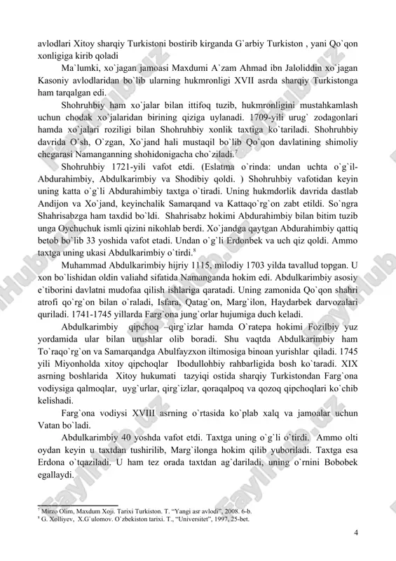 va omsk shaharlari rossiya imperiyasining xonlik bilan chegaradosh viloyat markazlari hisoblangan. xonlikning vujudga kelishi to`g`risida to`xtaladigan bo`lsak, xvi asrda markaziy osiyoda tinimsiz o`zaro feodal janjal va urushlar natijasida ikkita mustaqil musulmon davlati: buxoro va xiva xonliklari paydo bo`lgan. ular ham bir biri bilan tinimsiz janglar qilib turishdi. bu janglar natijasida buxoro xonligi kuchsizlanib, buxoro hukmdori abdulazizxon taxtdan vos kechib makkaga ketadi. 1680-yil buxoiro taxtiga subhonqulixon o`tirib o`z davlatini mustahkamlamoqchi bo`ldi. uning hokimlik davrida ham o`zaro urushlar davom etdi. xalq qashoqlashdi. ochlik avj oldi. 1702-yil subhonqulixon o`ldi. taxtga esa uning o`g`li ubaydulloxon o`tirdi. uning hukmronlik davrida ashtarxoniylar hukmronligi inqirozining eng so`ngi cho`qqisiga chiqqan edi. xon darvishlarning yer egaligini cheklashga harakat qiladi. va nufuzli juybar xo`jalari bilan to`qnashadi. chunki ubaydulloxonga ular soliq ham solmoqchi bo`lgandilar. oqibatda, u darvishlar jamoasining madadkorligidan o`zini mahrum qilib qo`ydi. 1709-yili farg`ona vodiysida chodak xo`jalari qo`zg`alon ko`tarib shohruhbiyni xon deb e`lon qildilar va mustaqil davlat tuzdilar. shoxruhbiy ibn …