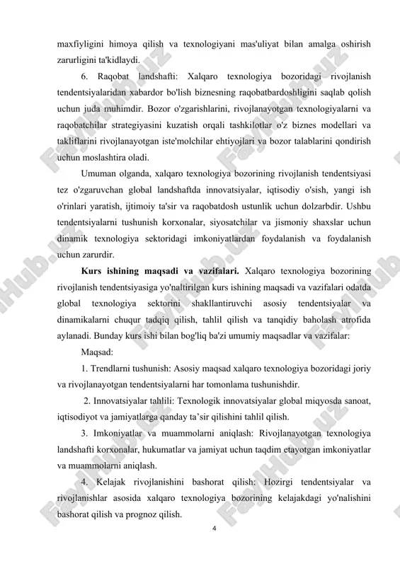 yalarining amaliy tadqiqotlarini o'rganish. kurs ishining predmeti va obyekti. kurs ishining ob'ekti tadqiqot erishmoqchi bo'lgan aniq yo'nalish yoki maqsadni anglatadi. xalqaro texnologiya bozorining rivojlanish tendentsiyasi kontekstida ob'ekt aniq tendentsiyalarni o'rganish, texnologik innovatsiyalarning tarmoqlarga ta'sirini tahlil qilish, bozor dinamikasini baholash yoki korxonalar uchun rivojlanayotgan texnologiya landshaftini samarali boshqarish uchun strategiyalarni taklif qilish bo'lishi mumkin. xalqaro texnologiya bozorining rivojlanish tendentsiyasi bo'yicha kurs ishi uchun aniq mavzu va ob'ektni belgilash orqali talabalar o'zlarining tadqiqotlari, tahlillari va topilmalarini global miqyosdagi texnologiyaning hozirgi va kelajakdagi holati haqida qimmatli tushunchalarga ega bo'lishlari mumkin. i bob. xalqari texnoliya bozori rivojlanish muammolari va tendensiyalari. 1.1 jahon it bozorini rivojlanish muammolari va tendentsiyalari. jahon texnologiya bozori tizimdir iqtisodiy munosabatlar moddiylashtirilgan shaklda ham, moddiylashtirilmagan shaklda ham taqdim etilishi mumkin bo’lgan ilmiy-texnik bilimlar almashinuvi sohasida. jahon texnologiya bozorining sub’ektlari davlat idoralari, ilmiy-tadqiqot institutlari va ta’lim muassasalari, sanoat kompaniyalari va kichik innovatsion firmalar, shuningdek shaxslar- olimlar va mutaxassislar. xalqaro texnologiya bozorida asosiy …