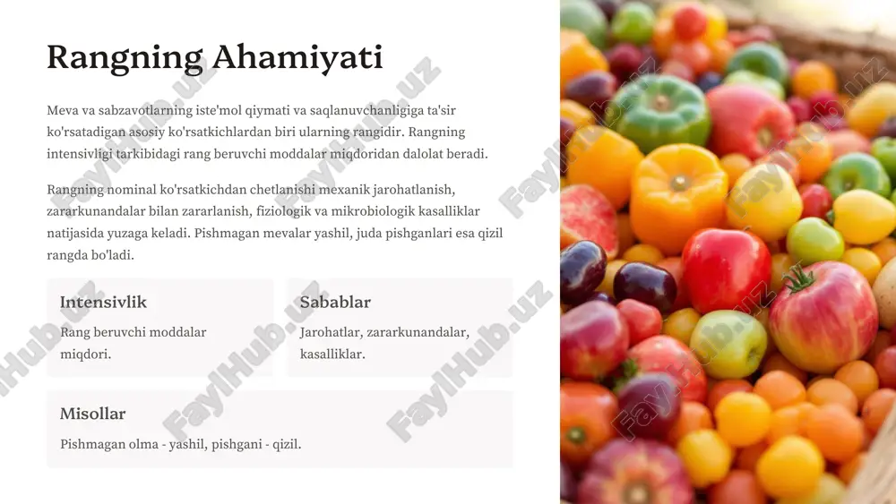 hi, 2-chi va 3-chi tovar navlariga bo'linadi. nok issiqsevar daraxt, mevasi olmaga nisbatan ancha nozik, shuning uchun saqlashga va tashishga chidamsizroq meva hisoblanadi. nokni asosan ho'l meva sifatida iste'mol qilinadi va undan kompot, murabbo, stukat kabi mahsulotlar tayyorlashda ham foydalaniladi. olma gost 16270-70 (tezpishar), gost 21122-75 (kechpishar). nok issiqsevar, nozik, saqlashga chidamsiz. ishlatilishi ho'l meva, kompot, murabbo. danakli mevalar sifat tahlili: o'rik, shaftoli, olxo'ri, gilos, olcha o'riklarning sifati gost 21832-76 nomerli standart talabiga javob berishi kerak. bu standart talabi bo'yicha o'rik mevalari ikki tovar naviga bo'linadi. shaftolining sifati gost 21833-76 nomerli standart talabiga javob berishi kerak. bu standart talabi bo'yicha o'rik mevalari sifat ko'rsatkichlariga qarab oliy, birinchi va ikkinchi tovar navlariga bo'linadi. olxo'rilarning sifati gost 21920-76 nomerli standart talabiga javob berishi kerak. bu standart talabi bo'yicha olxo'ri mevalari sifat ko'rsatkichlariga qarab birinchi va ikkinchi tovar navlariga bo'linadi. giloslarning sifati gost 21922-76 standarti talablariga javob berishi kerak. bu standart talabi bo'yicha …