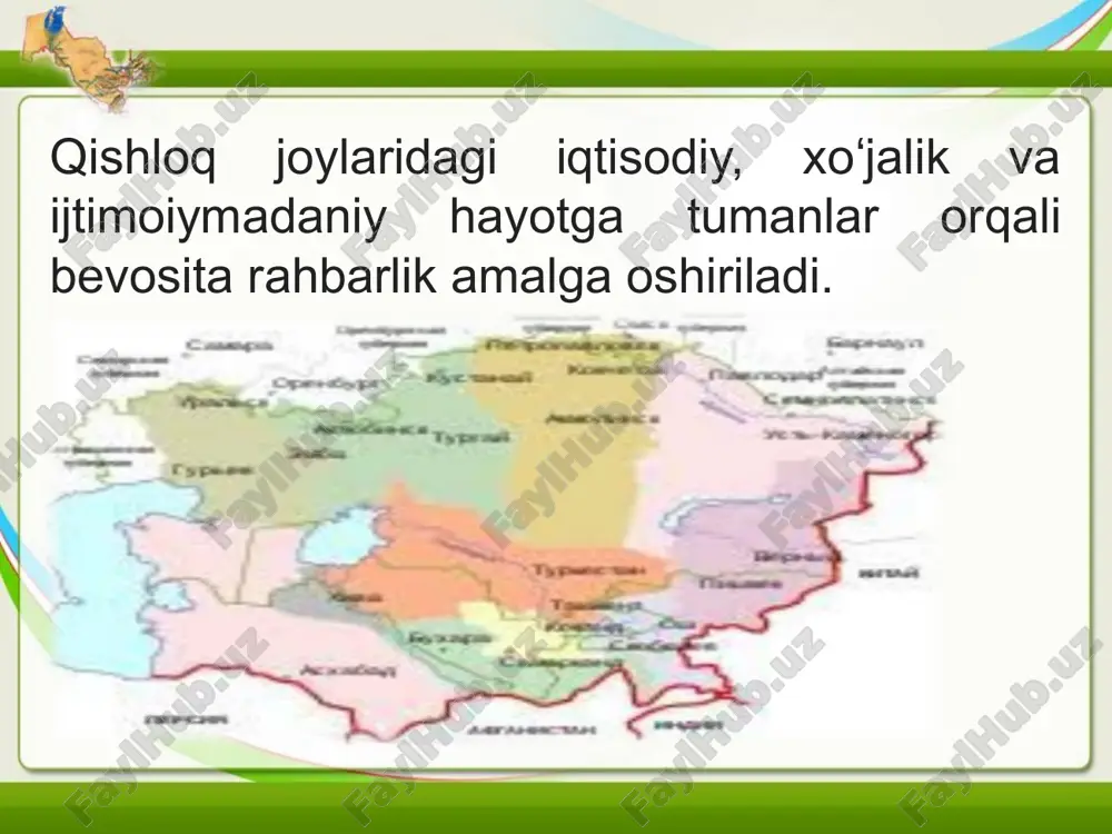 , chortoq, chust, haqqulobod) mavjud. viloyat markazi na-mangan shahridir. samarqand viloyati — (1938- yil 15- yanvarda tashkil etilgan) maydoni 16,8 ming kvadrat kilometr bolib, 2718,7 ming kishi yashaydi. viloyat hududida 14 ta qishloq tumani (bulung'ur, jom-°v' ishtixon, kattaqo'rg'on, narpay, nurobod, oqdaryo, ayariq. pastdarg'om, paxtachi, samarqand, toyloq, urgut, vo shrobod) va 1 1 ta shahar (bulung'ur, jomboy, juma, ish-kattaqo'rg'on, nurobod, oqtosh, payariq, samarqand, chelak) mavjud. viloyat markazi samarkand shahridir. toshkent viloyati — (1938- yil 15- yanvarda tashkil etilgan] maydoni toshkent shahri bilan birga hisoblaganda 15,6 ming kvadi kilometr bo'lib, 2384,6 ming kishi yashaydi. viloyat tarkibida 15 qishloq tumani (bekobod, bo'ka, bo'stonliq, zangiota, oqqo'i g'on. ohangaron, parkent, pskent, toshkent, chinoz, yuqoi chirchiq, yangiyol, o'rta chirchiq, qibray, quyi chirchiq) va ii ta shahar (angrcn, bekobod, bo'ka, soldatskiy, kclcs, olmalu ohangaron, oqqo'rg'on, parkent, pskent, to'ytepa, chino: chirchiq, yangiobod, yangiyol, g'azalkent) mavjud. viioys markazi toshkent shahrida joylashgan. farg'ona viloyati — (1938- yil 15- yanvarda tashkil …