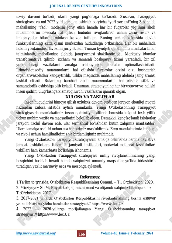 soni qariyb 1,5 barobar oshirildi. qayd etilganidek, ushbu taraqqiyot strategiyasi yetti yo‘nalishdan iborat. birinchi yo‘nalish inson qadrini yuksaltirish va erkin fuqarolik jamiyatini rivojlantirish orqali xalqparvar davlat barpo etishga qaratilgan. inson qadrini ulug‘lash, har kimning huquq va erkinliklari, qonuniy manfaatlarini taʼminlash mamlakatimizda amalga oshirilayotgan islohotlarning ustuvor yo‘nalishiga aylandi. shuningdek, ushbu yo’nalishni amalga oshirish uchun quyidagi maqsad va vazifalar belgilab berildi: 1-maqsad: mahalla instituti faoliyatining samaradorligini oshirish, uni jamoatchilik boshqaruvi va nazoratining tayanch bo‘g‘iniga aylantirish. 2-maqsad: xalq deputatlari kengashlarini hududlarda mavjud muammolarni hal qilishdagi asosiy bo‘g‘inga aylantirish. 3-maqsad: mahalliy davlat hokimiyati organlari faoliyatining institutsional asoslarini zamon talablariga moslashtirish. 4-maqsad: davlat boshqaruvi organlari faoliyatini “fuqarolarga xizmat qilishga yo‘naltirish” tamoyili asosida transformatsiya qilish. 5-maqsad: ixcham, professional, adolatli, yuqori natijadorlikka xizmat qiladigan davlat boshqaruvi tizimini joriy qilish. 6-maqsad: davlat boshqaruvi tizimida ma’muriy apparatni ixchamlashtirish va ish jarayonlarini maqbullashtirish. 7-maqsad: mamlakatimizdagi islohotlarni izchil davom ettirishda oliy majlis palatalari va siyosiy partiyalar rolini yanada oshirish. 8-maqsad: norma …