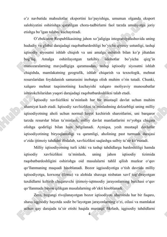 izlab togshsh yo‘l-yo‘riqlarini o‘rganishi lozim. xavfsizlik muammosi mustaqil davlatchilikning shakllanishi va jamiyatda ijtimoiy, siyosiy, iqtisodiy manfaatlarning qaror topishi bilan bir paytda vujudga keladi. chunki shu vaqtdan boshlab barqarorlik, rivojlanish bilan bir qatorda, xavf-xatar, turli-tuman tahdidlar ham paydo bo‘lib, ularni hisobga olish, ularga asoslanib, davlat strategiyasi va siyosatini ishlab chiqish hamda amalga oshirish mamlakat xavfsizligini ta’minlashning muhim sharti hisoblanadi. darhaqiqat, “xavfsizlik" tushunchasi rober ma’ lumotnomasiga ko‘ra 1190 yilda paydo bo‘ldi[footnoteref:2]. bu tushuncha o‘zini har qanday xavf-xatardan himoyalangan deb hisoblovchi inson ruhining xotirjam holatini ifodalagan[footnoteref:3]. [2: михайлушкин а.и ., шимко.д. международная экономика: теория и практика: у чебник для вузов. — спб.: п итер, 2018. 464 с.] [3: основм экономической беаопасности. — м., 1996. -с.з] ushbu ma’noda mazkur termin g‘arbiy yevropa halslari leksikonida xvii asrgacha qo‘llangan. tarixning keyingi davrlarida davlat tuzilmalarining shakllanishi bilan bog‘liq ravishda “xavfsizlik" tushunchasi moddiy, siyosiy va iqtisodiy sohalarda davlat kurilishi, boshqarish organlari tendensiyalariga mos keladigan real xavf-xatar (jismoniy va …