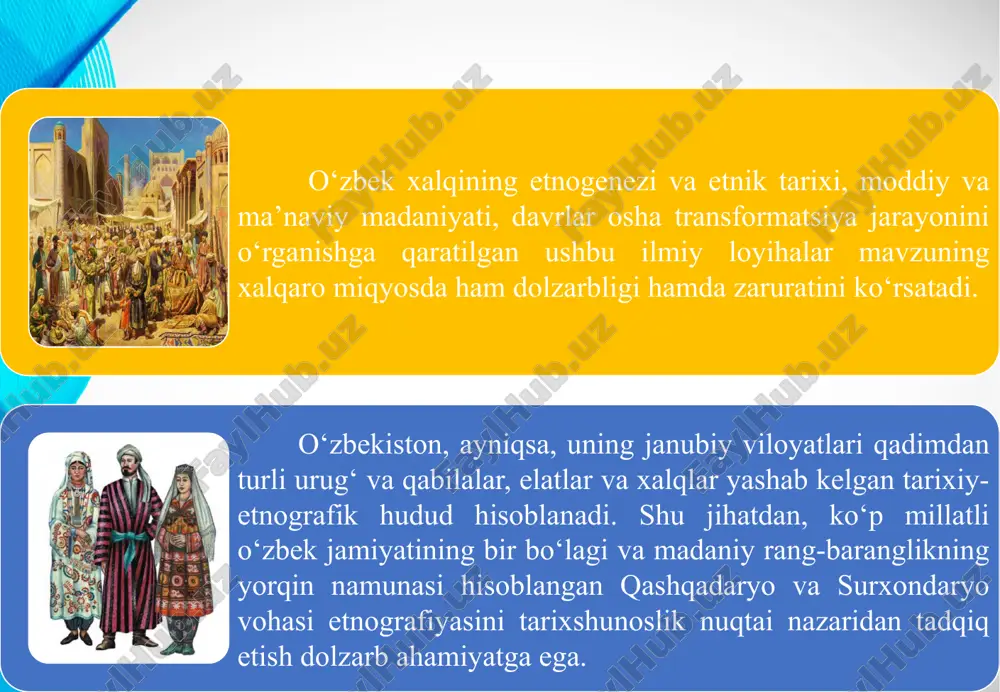 chi n.sodiqovaning asarida, s.tursunov va n.tursunovning ilmiy izlanishlarida ham janubiy voha kiyim-kechaklarining tarixiga doir qimmatli ma’lumotlar mavjud. xulosa qilib aytish mumkinki, vohaga xos tadqiqotlarda asosiy e’tibor xalq hunarmandchiligi, an’anaviy xo‘jalik, kiyim-kechaklar va ular bilan bog‘liq urf-odatlarga qaratilgan bo‘lib, tadqiqot hududida istiqomat qilayotgan etnoslarning bugungi kundagi holati, ular o‘rtasidagi etnoslararo jarayonlar, moddiy va ma’naviy turmushdagi transformatsion o‘zgarishlarga kam e’tibor qilingan. xx asr sovet davri tadqiqotlarida e’tibor qaratilgan masalalardan biri bu – oilaning shakli va oilaviy munosabatlar masalasi hisoblanadi. xix asrning oxiri xx asrda o‘zbekiston hududida eng ko‘p tarqalgan oila shakli ikki xil: katta patriarxal va kichik alohida oila hisoblangan. bu oilalarning tuzilishi, oiladagi a’zolar soni, a’zolar o‘rtasidagi ijtimoiy munosabatlar to‘g‘risida l.p. potapov, m.v. sazonova, k.l. zadixina, o.a. suxareva, m.a. bikjanova, k.sh. shaniyazov, k. kubakov, h.ismoilov, n.a. kislyakov, n.g. borozna va boshqalarning tadqiqotlardi alohida o‘rin ajratilgan. ular orasida asosan l.p.potapov, k.l. zadixina, k.sh.shaniyazov, k. kubakov va n.g. borozna tadqiqotlarida janubiy voha aholisi …
