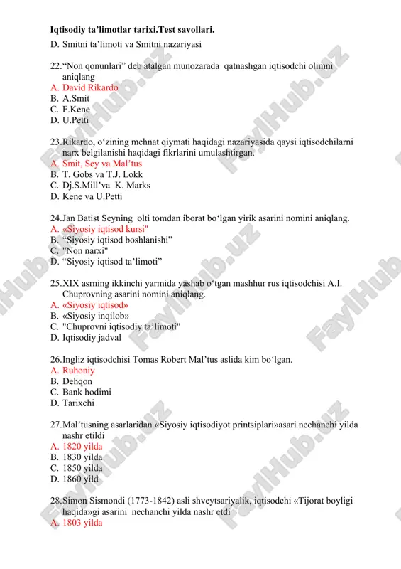 da b. 1750 yilda c. 1740 yilda d. 1775 yilda 32. "ishchi oʻzi ishlab chiqargan mahsulotga sarflagan mehnatiga muvofiq ravishda maosh olishi kerak"degan fikr kimga tegishli. a. r. ouen b. s.sismondi c. d.rekardo d. u.tompson. 33. xix asrning oxirida yuz bergan holatlar qanday nazariyalarda namoyon boʻldi a. neomumtozlar va institutsionalistlar nazariyasi namoyon boʻlgan b. jamiyatda iqtisodiy fenomenlar umumiy tasviri namoyon boʻldi c. siyosiy iqtisod kurslari namoyon boʻldi d. siyosatni iqtisoddan ustunligi namoyon boʻlgan 34. millʼning asosiy iqtisodiy asarini nomini aniqlang a. «siyosiy iqtisodning baʼzi echilmagan muammolariga nisbatan ocherklar» b. mulkning tabiiy va sunʼiy huquqlari c. "iqtisodiyotni barqarligi" d. «ijtimoiy tizim» 35. millʼning soʻnggi asari besh qismdan iborat. birinchi uchta qismini nomini aniqlang? a. «ishlab chiqarish","taqsimlash","almashinuv b. "neomumtozlar "," institutsionalistlar" ,"merkantilizm" c. «ijtimoiy tizim» ,«siyosiy iqtisodning baʼzi echilmagan muammolariga nisbatan ocherklar» d. siyosiy iqtisod asoslari va ularning ijtimoiy falsafada qoʻllanilish muayyan aspektlari 36. petti ilk marotaba bozor narxi va tannarxni ajratib, …