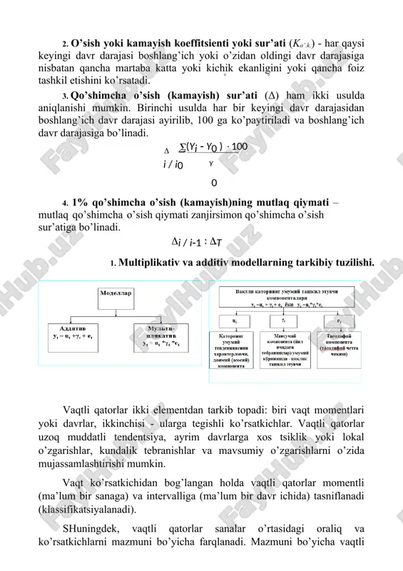shdan iborat. birinchi 2 p 1 qatorlar dinamikasini olib ko’raylik ( p odatda 1 yoki 2 ga teng). tendentsiyalar funktsiyasi sifatida qandaydir: yt (2) to’la darajasini olaylik. uning parametrlari p1 k i a t i i0 p1k p1i p1 (2) a ti  a1 0 ti1  ...  a tik   y t i (3)  p1  p1  p1  p1 tenglamasi yordamida eng kichik kvadratlar usuli bilan aniqlanadi. ko’phad (polinom) o’rtacha darajasi echsak: p 1 nuqtasiga joylashgan. a0 ga nisbatan tenglamani a0  b1 y1  b2 y2  ...  b2 p1 y2 p1 (4) hosil qilamiz. bu erdagi b1 qiymati p va k mohiyatiga bog’liq bo’ladi. hosil bo’lgan tenglama (4) birinchilardan 2 p 1 qatorlar dinamikasi qiymatining vaznli o’rtacha qiymat arifmetikasi hisoblanadi. vaqtli qatorlarda odatda uch ko’rinishdagi tendentsiya ajratiladi. o’rta daraja tendentsiyasi odatda matematik tenglama yordamida ifodalangan to’g’ri chiziqning atrofida izlanayotgan hodisaning o’zgarayotgan …