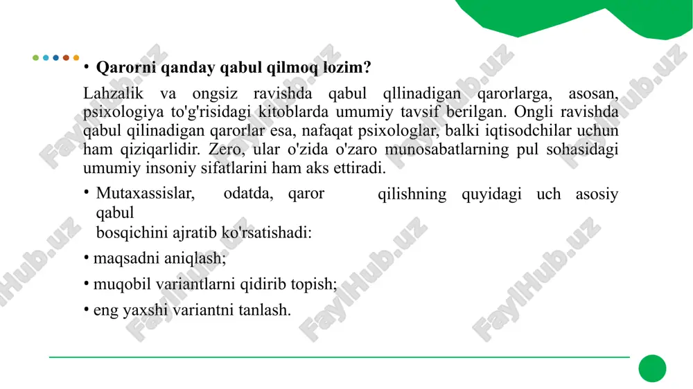 rejalashtirishning ajralmas qismidir. kutilmagan vaziyatlarda moliyaviy barqarorlikni saqlash uchun favqulodda jamg‘arma yaratish zarur. bu jamg‘arma orqali kutilmagan xarajatlar yoki daromadning vaqtincha kamayishi kabi holatlarda moliyaviy xavfsizlikni ta'minlash mumkin. shuningdek, turli sug‘urta mahsulotlari orqali moliyaviy xavflarni kamaytirish ham tavsiya etiladi. moliyaviy rejani doimiy ko‘rib chiqish. moliyaviy vaziyat va maqsadlar o‘zgarishi mumkin, shuning uchun moliyaviy reja muntazam ravishda qayta ko‘rib chiqilishi va yangilanib turilishi lozim. hayotiy vaziyatlar va maqsadlar o‘zgarganda, reja moslashuvchan bo‘lishi kerak. moliyaviy rejalashtirish jarayonida muntazam tahlil va yangilanishlar orqali o‘z maqsadlaringizga erishishingiz mumkin. shaxsiy moliyaviy rejalashtirishda samarali qaror qabul qilish moliyaviy barqarorlik va kelajakdagi maqsadlarga erishish uchun zarurdir. moliyaviy v aziyatni baholash, maqsadlarni belgilash, byudjetni tashkil etish, investitsiya va qarzlarni boshqarish strategiyalarini ishlab chiqish orqali shaxsiy moliyangizni yaxshiroq boshqarishingiz va moliyaviy xavfsizlikni ta'minlashingiz mumkin. shaxsiy moliya bo‘yicha o‘qishga arziydigan 5 kitob 1. «pulning psixologik qopqoni», geri belski, tomas gilovich 2. «moliyaviy kundalik. pulni tartibga solish», aleksey gerasimov 3. «pul …