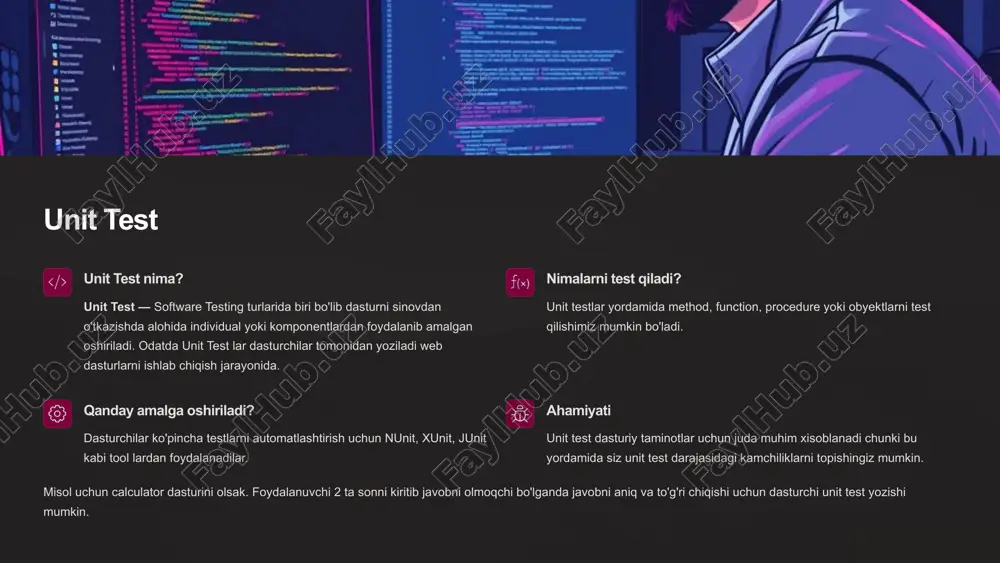 lanuvchilarga qanchalik tez javob berishini anglatadi. performance testing tool lar yordamida amalga oshiriladi. loader.io, jmeter, loadrunner va boshqa bunday yaxshi tool lar ham mavjud. 8 usability testing foydalanuvchi nuqtai nazari dasturni foydalanuvchi ko'zi bilan baholash interfeysning qulayligi dasturning qanchalik oson va intuitiv boshqarilishini tekshirish turli qurilmalarda ishlashi dasturning turli o'lchamdagi ekranlarda qanday ko'rinishini tekshirish dizayn va estetika dasturning vizual jozibadorligi va foydalanuvchiga yoqimli bo'lishini baholash usability testing — bu dasturning tashqi ko'rinishi ya'ni foydalanuvchi tomonidan qulayligini tekshirish uchun foydalanuvchi nuqtai nazaridan sinovdan o'tkaziladi. misol uchun birja savdosi uchun mobile ilova mavjud. tester usability testi bilan ilovani sinovdan o'tkazmoqda. testerlar senariyni tekshirishlari mumkin, masalan mobile ilovani bir qo'l bilan ishlatish qulaymi yoki yo'qmi, aylantirish panelni vertikal bo'lishi kerak, ilovaning fon rangi qora bo'lishi kerak. ushbu turdagi ilovalarni tekshirishning asosiy maqsadi shundaki, foydalanuvchi dasturni ochishi bilanoq bozorga bir nazar tashlashi kerak. 9 compatibility testing va xulosa turli qurilmalarda dasturning kompyuter, planshet va …