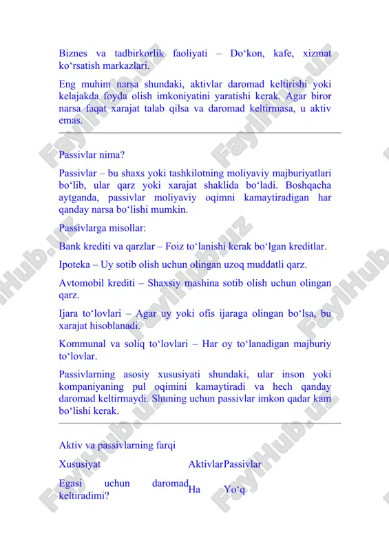 ngiz, u passiv, chunki u har oy sizdan xarajat talab qiladi (kommunal to‘lovlar, soliq, ta’mirlash). xulosa aktivlar – bu daromad keltiradigan mol-mulk, masalan, ijara kvartirasi yoki biznes. passivlar – bu xarajat yoki qarz bo‘lib, pul oqimini kamaytiradi, masalan, kredit va ipoteka. muvaffaqiyatli moliyaviy hayot kechirish uchun aktivlarni ko‘paytirish va passivlarni kamaytirish kerak. shu tarzda, odam moliyaviy mustaqillikka erishishi mumkin. 🚀 4. сиз эгалик қилаётган нарсаларнинг қай бирларини истеъмолий ва қай бирларини эса инвестицион активларга киритиш мумкин? javob: mening egalik qilayotgan narsalarim: iste’moliy va investitsion aktivlar men egalik qilayotgan narsalarni ikki guruhga ajratish mumkin: iste’moliy aktivlar va investitsion aktivlar. bu tasnif menga moliyaviy ahvolimni tahlil qilish va kelajakda to‘g‘ri qarorlar qabul qilishga yordam beradi. iste’moliy aktivlarim iste’moliy aktivlar – bu mening hayotimni qulay qilish uchun ishlatiladigan, lekin daromad keltirmaydigan narsalar. ular asosan xarajat talab qiladi va vaqt o‘tishi bilan qiymatini yo‘qotadi. 🔹 shaxsiy avtomobilim – men uchun juda qulay transport vositasi, …