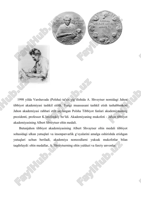 ilish etikasi tirik jonzotlarning sezgilari, yashash sharoitlari, quvonchi, yashashga va o‘zini o‘zi takomillashtirishga intilishlarini ham ko‘rib chiqadi. ikkinchidan, mazkur prinsip -universaldir. shveyserning fikricha, hayotni hurmat qilish prinsipi hayotning barcha shakllariga: insonlarga, hayvonlarga, hasharotlarga, o‘simliklarga taalluqli. odob-axloqli odam u yoki bu mavjudot qay darajada muhim yoki diqqatga sazovor yoxud u qay darajada sezishga qodir, deb so‘ramaydi. «hayot uning uchun muqaddasdir», deb qayd etadi shveyser. odob-axloqli odam daraxtning po‘stlog‘ini ko‘chirmaydi, gulni behuda uzib olmaydi, hasharotlarni bosmaslikka harakat qiladi. 4. foydalanilgan adabiyotlar. 1. 1. toshkent farmatsevtika instituti, farmatsevtika ishini tashkil qilish kafedrasi, «farmatsеvtik bioetika» moduli bo’yicha o’quv-uslubiy majmua, 3-kurs talabalari uchun, toshkent-2022 2.https://uz.wikipedia.org/wiki/albert_schweitzer 3.https://uk.wikipedia.org/wiki/%d0%90%d0%bb%d1%8c%d0%b1%d0%b5%d1%80%d1%82_%d0%a8%d0%b2%d0%b5%d0%b9%d1%86%d0%b5%d1%80 4.https://uk.wikipedia.org/wiki/%d0%a1%d0%b2%d1%96%d1%82%d0%be%d0%b2%d0%b0_%d0%bc%d0%b5%d0%b4%d0%b8%d1%87%d0%bd%d0%b0_%d0%b0%d0%ba%d0%b0%d0%b4%d0%b5%d0%bc%d1%96%d1%8f_%d1%96%d0%bc%d0%b5%d0%bd%d1%96_%d0%90._%d0%a8%d0%b2%d0%b5%d0%b9%d1%86%d0%b5%d1%80%d0%b0 5.https://uk.wikipedia.org/wiki/%d0%97%d0%be%d0%bb%d0%be%d1%82%d0%b0_%d0%bc%d0%b5%d0%b4%d0%b0%d0%bb%d1%8c_%d0%a1%d0%b2%d1%96%d1%82%d0%be%d0%b2%d0%be%d1%97_%d0%b0%d0%ba%d0%b0%d0%b4%d0%b5%d0%bc%d1%96%d1%97_%d0%bc%d0%b5%d0%b4%d0%b8%d1%86%d0%b8%d0%bd%d0%b8_%d0%90%d0%bb%d1%8c%d0%b1%d0%b5%d1%80%d1%82%d0%b0_%d0%a8%d0%b2%d0%b5%d0%b9%d1%86%d0%b5%d1%80%d0%b0 6. https://awionline.org/content/schweitzer-medalists