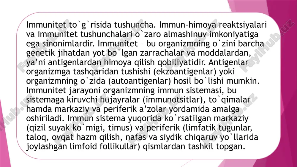 nik belgilari va oqibatlari doimiy infektsiyalar: bakterial, virusli, qo‘ziqorinli va parazitar infektsiyalar ko‘payadi. • yallig‘lanish jarayonlari: surunkali yallig‘lanishlar rivojlanishi. • o‘simtalar hosil bo‘lishi: immun nazorat buzilishi tufayli saraton kasalliklari xavfi ortadi. • og‘ir jarohatlarning sekin bitishi. 5.immun tanqisligini davolash va profilaktika etiologik davolash: infektsiyalarni davolash va asosiy sababni bartaraf etish. • immunoterapiya: immunoglobulinlar, interferonlar va immunostimulyatorlar qo‘llanilishi. • sog‘lom turmush tarzi: to‘g‘ri ovqatlanish, stressdan saqlanish va jismoniy faollik. • vaksinalar: profilaktik emlashlar immun tizimni mustahkamlashda muhim ahamiyatga ega. • gen terapiyasi: tug‘ma immun tanqisligini davolashda istiqbolli usul. xulosa immun tanqisligi – immun tizimining buzilishi natijasida yuzaga keladigan patologik holat bo‘lib, organizmni turli kasalliklarga qarshi kurashish qobiliyatini kamaytiradi. birlamchi va orttirilgan immun tanqisligi o‘ziga xos mexanizmlar asosida rivojlanadi. profilaktika choralarini ko‘rish va zamonaviy davolash usullaridan foydalanish immun tanqisligi oqibatlarini kamaytirishda muhim rol o‘ynaydi. foydalanilgan adabiyotlar: 1. shermuhamedov a., rahimov r. “odam va hayvonlar fiziologiyasi”, toshkent, 2018. 2. guyton a.c., hall j.e. …