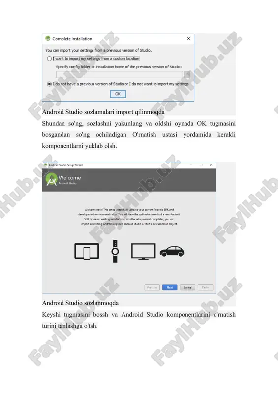 iga o'tsh . 2. android studio dasturini o'rnatsh · yuklab olshan o'rnatuvchini ishga tushirsh va o'rnatish ko'rsatmalariga rioya qilsh. 3. android studio dasturini o'rnatsh · android studio-ni ochsh. · "sozlash" > "sdk menejeri" ga o'tsh. · "android sdk" o'rnatilganligiga ishonch hosil qilsh. · " android sdk buyruq qatori vositalari" ni o'rnatsh . 4. android virtual qurilmasini (avd) sozlash · "konfiguratsiya" > "avd menejeri" ga o'tsh. · yangi virtual qurilma yaratsh va uni sozlash uchun ko'rsatmalarga rioya qilsh. yana " flutter doctor " buyrug'ini ishga tushirsh, siz android litsenziyalarini qabul qilishshiz kerak bo'ladi siz ushbu buyruqni ishga tushirishshiz mumkin " flutter doctor — android-licenses " va keyin barcha litsenziyalarni qabul qilish uchun " y " tugmasini bossh. 7-qadam: visual studio kodini o'rnatsh 1. visual studio kodini yuklab olsh · visual studio code veb-saytiga tashrif buyursh . · vs kodini yuklab olsh va o'rnatsh. 2. flutter va dart kengaytmalarini o'rnatsh · vs …