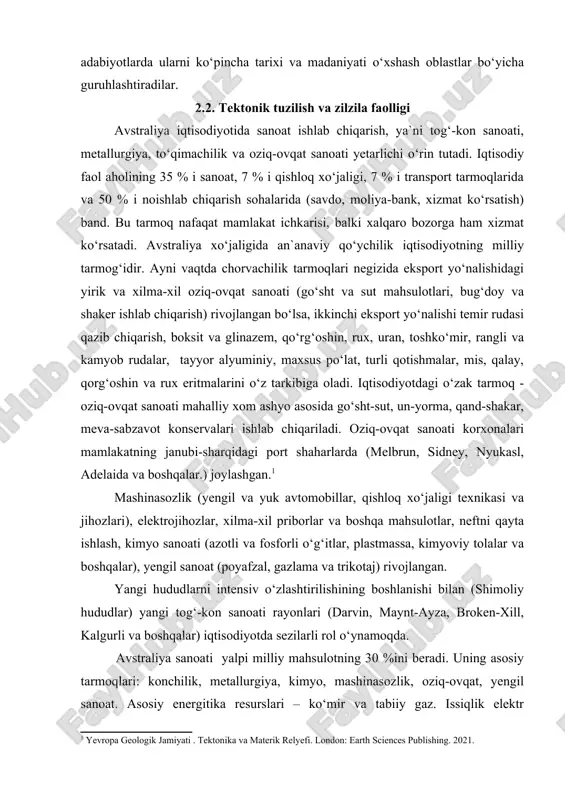 ikki qismga: mahalliy aholi va ko‘chib brogan aholiga bo‘lish mumkin. okeaniyaning mahalliy aholisi polineziya, melaneziya va mikroneziya antropologik tiplarga mansub. mahalliy aholining bir qismi malay-polinez tillarida boshqa qismi papua tillarida so‘zlashadi. papua tillari bir necha guruhlarga bo‘linadi. lekin okeaniya xalqlarining til guruhlari ularning mavjud etnik va madaniyati jihatdan yaqinligiga to‘la muvofiq emas. etnografik adabiyotlarda ularni ko‘pincha tarixi va madaniyati o‘xshash oblastlar bo‘yicha guruhlashtiradilar. 2.2. tektonik tuzilish va zilzila faolligi avstraliya iqtisodiyotida sanoat ishlab chiqarish, ya`ni tog‘-kon sanoati, metallurgiya, to‘qimachilik va oziq-ovqat sanoati yetarlichi o‘rin tutadi. iqtisodiy faol aholining 35 % i sanoat, 7 % i qishloq xo‘jaligi, 7 % i transport tarmoqlarida va 50 % i noishlab chiqarish sohalarida (savdo, moliya-bank, xizmat ko‘rsatish) band. bu tarmoq nafaqat mamlakat ichkarisi, balki xalqaro bozorga ham xizmat ko‘rsatadi. avstraliya xo‘jaligida an`anaviy qo‘ychilik iqtisodiyotning milliy tarmog‘idir. ayni vaqtda chorvachilik tarmoqlari negizida eksport yo‘nalishidagi yirik va xilma-xil oziq-ovqat sanoati (go‘sht va sut mahsulotlari, bug‘doy va …