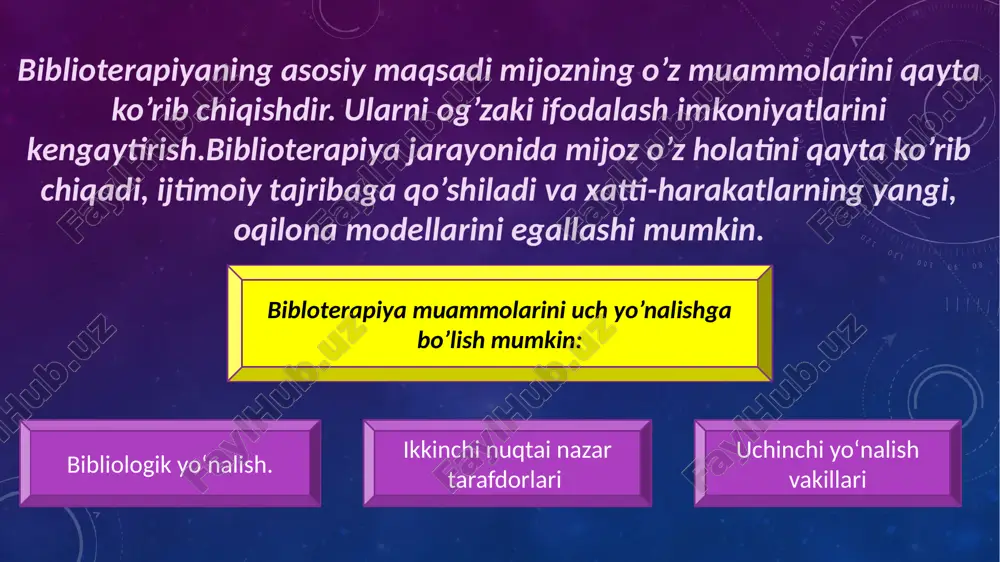 tuzishingiz kerak, unda eng muhim, yorqin mavzular, fikrlar, boblar, asarlar muammolari va mualliflarning shaxsiy xususiyatlari qayd etilgan. ishning boshida bu yangi boshlovchi biblioterapevtga mijozning e’tiborini tegishli matnlarga qaratishga yordam beradi. aksariyat kitoblar alohida kutubxonada bo’lishi maqsadga muvofiqdir, shunda xaridorlar ushbu kitobni o’zlarida bo’lmasa, osongina topishlari mumkin. bundan tashqari, bunday kitoblarda siz mijozga chekkalarda qaydlar qo’yishga ruxsat berishingiz mumkin, bu esa mijozga tashxis qo’yishni osonlashtiradi. biblioterapiya imkoniyatlari va uning janrlariga yo’naltirish. mijoz bilan navbatdagi suhbat davomida unga bir qator savollar beriladi. masalan, “beshta sevimli kitobingizni nomlang”; “qaysi kitoblar hayotingizda sizda eng katta taassurot qoldirdi? nega?”; “sizga nima ko’proq ta’sir qildi?”; “sizningcha, qaysi mualliflar sizga ko’proq o’xshash?”; “qaysi kitob qahramonlari sizga ko’proq o’xshaydi?”. 3.o’qish tizimini rivojlantirish janrlar, ustuvor yo’nalishlar va kitoblar soni belgilanadi. biblioterapevtik maqsadlarda mijozga kitoblarni tavsiya qilish, a.m. miller quyidagi uchta tamoyilni hisobga olish zarurligini ta’kidlaydi:biblioterapiya vaqtida mijoz o’qish kundaligini yuritadi. kundalik yozuvlarni tahlil qilish ko’pincha faol noxolis faoliyat sifatida …