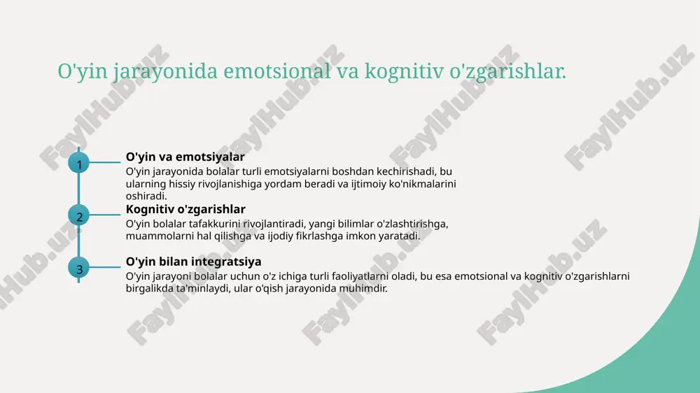arga an'anaviy qadriyatlarni o'rgatadi, ularning madaniy identifikatsiyasini kuchaytiradi va shaxsiy rivojlanishga yordam beradi. 3 o'yinlar va ta'lim samarasi - o'yinlar ta'lim jarayonida qiziqarli va samarali usul sifatida qo'llanilib, bolalarning kognitiv va emotsional rivojlanishini yanada kuchaytirishga imkon yaratadi. foydalanilgan adabiyotlar 1. toshpulatova, m. x. o'yin va bolalar rivojida psixologik jihatlar. o'zbekiston respublikasi fanlar akademiyasi, 2021 2. jumaniyazova, g. o'yin va emotsional rivojlanish: bolalar uchun o'yinlar. o'zbekiston ta'limi, 2020 3. qodirova, n. madaniy ta'sir va bolalar o'yinlari: o'zbekistondagi o'yin xususiyatlari. o'zbekiston psixologiya jurnali, 2022 4. mukhammedova, s. bolalar o'yinlari va kognitiv rivojlanish. o'zbekiston respublikasi psixologlar assotsiatsiyasi, 2023 5. sirojiddinov, d. o'yin va bolalar psixologiyasi: nazariy va amaliy jihatlar. toshkent davlat universiteti, 2019 e'tiboringiz uchun rahmat! /docprops/thumbnail.jpeg