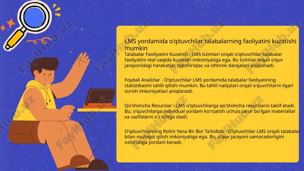 vositalar - lmsda baholash va fikr bildirish vositalari integratsiyalashgan. o'qituvchilar ishlarini osonlashtirish uchun zamonaviy texnologiyalardan foydalanadilar. lms talabalarga o'z-o'zini o'rganish imkonini beradi lms va o'z-o'zini o'rganish o'quv materiallari mustaqil o'qish afzalliklari o'qitish jarayonida lmsdan foydalanish samaradorlikni oshiradi o'qitishda lmsning roli - o'qitishda lms (learning management system) ta'lim jarayonini samarali boshqarishga yordam beradi. lms orqali o'qituvchilar talabalarning faoliyatini kuzatish va baholash imkoniyatiga ega bo'ladi. resurslarni boshqarish - lms ta'lim resurslarini markazlashgan holda taqdim etadi. bu o'qituvchilarga o'z materiallarini samarali saqlash va taqdim etish imkonini yaratadi. interaktiv o'qitish - lms interaktiv funksiyalar bilan ta'minlangan. ushbu platforma orqali talabalar online quizlar va muhokamalar orqali o'z bilimlarini yanada mustahkamlashadi. qayta aloqa va tahlil - lms talabalarga o'qituvchilar bilan tezkor aloqa o'rnatish imkonini beradi. bu ta'lim jarayonini takomillashtirishda muhim rol o'ynaydi. lms orqali o'qituvchilar va talabalar o'zaro aloqada bo'ladi lms ning ahmiyati - lms (learning management system) o'qituvchilarga va talabalar uchun o'zaro muhim aloqani ta'minlaydi. …