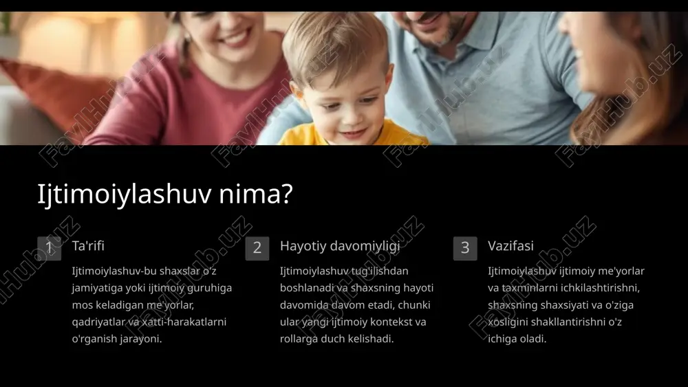 ida to‘p bo‘lsa, ular o‘z jamoadoshlari yoki murabbiyidan nima kutayotganini tushunish uchun qarashadi va shunga yarasha o‘ynaydi. boshqacha qilib aytganda, inson boshqalarning nuqtai nazarini tushunishga harakat qiladi va vazifani muvaffaqiyatli bajarish uchun shunga mos ravishda harakat qiladi. o'yin bosqichidan o'yin bosqichiga o'tish " o'zini " rivojlantirishda hal qiluvchi rol o'ynaydi . bola tashqi fikrlarni ichki qabul qilish jarayonidan o'tadi va alohida o'ziga xoslik bilan paydo bo'ladi . shuningdek, inson " men " ( "men"ning boshqalarning rolini olishga imkon beruvchi qismi) va "men " ( biologik boshqariladigan qism ) haqida chuqurroq tushunchaga ega bo'ladi . 9 erik eriksonning sakkiz bosqichli rivojlanish nazariyasi freydning shogirdi erik erikson, odamlar me'yoriy inqirozni boshdan kechiradilar , ya'ni jamiyat ulardan kutayotgan narsa va ular haqiqatda erishgan narsa o'rtasidagi kurash. uning nazariyasi insonning o‘ziga xosligini shakllantiruvchi biologik, ijtimoiy va individual o‘lchovlar va ular pirovardida insonni fiziologik jihatdan qanday sog‘lom qilishiga qaratilgan. 1950-yillarda erikson quyidagi jadvalda keltirilgan sakkiz …