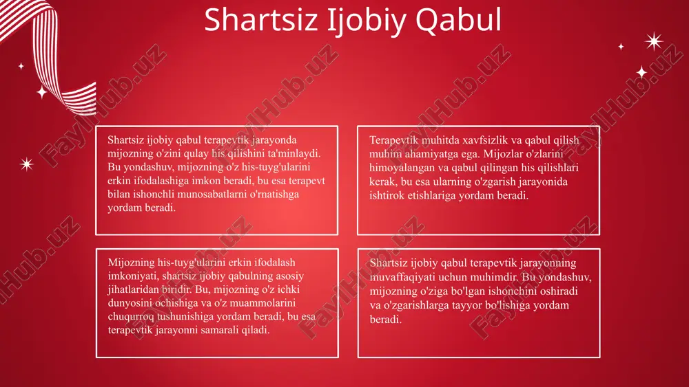 g o‘z muammolarini hal qilishga yordam beradi va o‘z-o‘zini anglashini oshiradi. mijoz markazli terapiyaning afzalliklari mijoz markazli terapiya, mijozning ehtiyojlari va his-tuyg‘ularini inobatga olgan holda, uning o‘zgarishiga yordam beradi. bu usul, mijozning o‘ziga bo‘lgan ishonchini oshiradi va terapevt bilan mustahkam munosabatlar o‘rnatadi. photo by maksym ivashchenko on unsplash mijozning ichki resurslarini faollashtirish mijoz markazli terapiya, mijozning ichki resurslarini aniqlash va faollashtirishga qaratilgan. bu jarayon terapevtik munosabatlar orqali amalga oshiriladi, bunda mijoz o'z imkoniyatlarini kashf etadi. mijozning ichki resurslarini faollashtirish, ularning o'z-o'zini anglashiga va muammolarni hal qilishga yordam beradi. misol sifatida, mijozning o'z qobiliyatlarini tan olish jarayonini ko'rishimiz mumkin. photo by angga saputra on unsplash muvaffaqiyatli terapiya uchun shartlar terapevtning kongruentligi va samimiyligi muvaffaqiyatli terapiya uchun muhimdir. terapevt o'z his-tuyg'ularini ochiq ko'rsatishi, mijozga ishonch hosil qilishi va ularning ehtiyojlarini tushunishi kerak. bu, mijozning o'zini qulay his qilishiga yordam beradi. mijozning o'zini anglash va qabul qilish jarayoni, uning ichki his-tuyg'ularini va muammolarini …