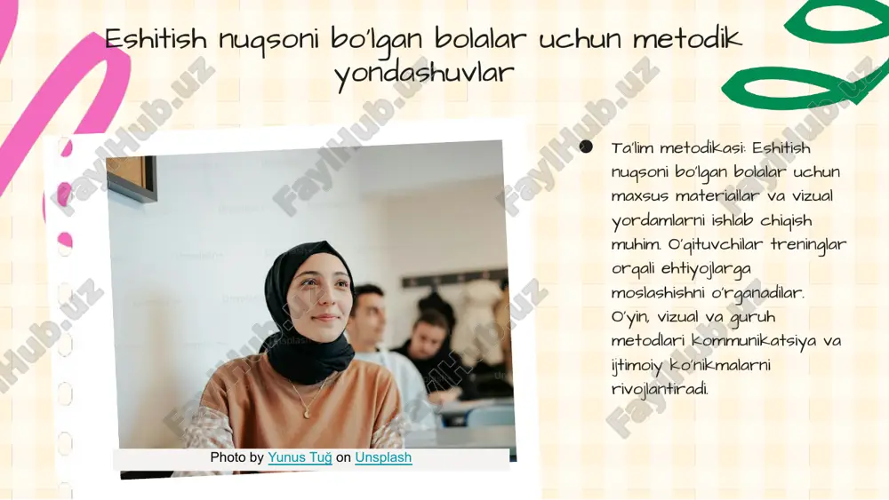 i nima? a) eshitish qobiliyatini to‘liq tiklash b) eshitish imkoniyatlariga qarab bolani ijtimoiy moslashtirish c) bolani sport sohasida yetakchi qilish d) bolaga shaxsiy biznesni o‘rgatish 9. qaysi texnologiya eshitishida nuqsoni bo‘lgan bolalar uchun maxsus mo‘ljallangan? a) virtual reallik ko‘zoynaklari b) eshitish apparatlari va koklear implantlar c) avtomatlashtirilgan robotlar d) elektron lug‘atlar 10. surdopedagogik taʼlim jarayonida multimodal o‘qitish nimani anglatadi? a) faqat yozma materiallardan foydalanish b) bir vaqtning o‘zida ko‘rish, eshitish va kinestetik kanallardan foydalanish c) faqat audio darslar o‘tkazish d) sport mashg‘ulotlarini ko‘paytirish e'tiboringiz uchun rahmat! designed by slides carnival image1.png image2.png image3.png image4.png image5.png image6.png image7.png image8.png image9.png image13.png image16.png image17.png image19.jpg image20.jpg image12.png image21.jpg image22.jpg image18.png