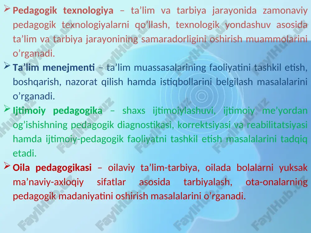 ayonidir. ijtimoiy pedagogika - ta’lim-tarbiya jarayonida bolani jamiyat hayotiga kiritishni ta’minlaydigan aspektni tadqiq etadi. birinchidan, inson hayotida ma’lum sabablar asosida yuzaga kelgan hodisalar o’rganiladi. ikkinchidan, insonning rivojlanishi uchun qulay sharoitlar yaratishni ko’zda tutadi. ijtimoiy tarbiyalash tarbiya jarayonining tarkibiy qismi hisoblanadi. ijtimoiy pedagogikani nima uchun o’rganish lozim? ijtimoiy pedagogika — fanning shunday tarkibiki, uning vositasida: uchinchidan, ta’sir etuvchi hodisalarning oldini oladi. ijtimoiy pedagogika — bu ijtimoiy ta’lim-tarbiya faoliyatining maxsus metodlariga ega pedagogikaning mustaqil bo’limidir. ijtimoiylashtirishga muhtoj bo’lgan bolalar, ularga aqliy, pedagogik- psixologik, sotsial-axloqiy normalardan chetlashgan ijtimoiy tarbiya ola olmagan va jismoniy, aqliy, psixik tomondan buzilishga yo’l qo’yilgan bolalardir. bunday bolalar jamiyatining alohida yordamiga muhtojdir. ijtimoiy pedagog faqat o’qituvchi emas, balki bola qanday o’qiyotganini va rivojlanayotganini tushunadigan va his etadigan shaxsdir. u bola hayotini, kechinmalarini xuddi o’zinikidagidek tushunishi va uning ma’naviy, madaniy, axloqiy rivojlanishiga ko’mak bera oladigan mutaxassis bo’lmog’i kerak. shuning uchun haqiqiy pedagog faqat o’z fanini bilibgina qolmay, ayni vaqgda bolalar …