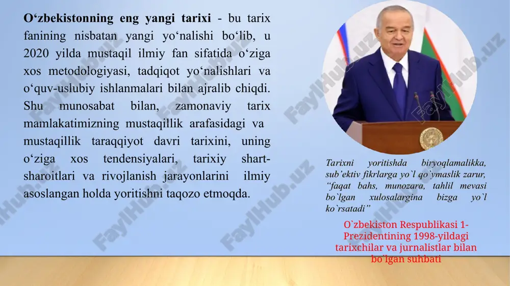 ishning ustuvor yonalishlari iqtisodiyotni rivojlantirish va liberallashtirishning ustuvor yonalishlari qonun ustuvorligini ta’minlash va sud-huquq tizizmini yanada isloh qilishning ystuvor yonalishlari ijtimoiy sohani rivojlantirishning ustuvor yonalishlari xavfsizlik, millatlararo totuvlik va diniy bag’rikenglikni ta’minlash hamda chuqur o’ylangan, o’zaro manfaatli va amaliy tashqi siyosat sohasidagi ustuvor yonalishlar fanni o’rganishning metodogik manbalari. prezident sh. mirziyoyev nutqi va ma’ruzalari darsliklar, mutaxassislar asarlari, ilmiy to’plamlar fanni o’rganishning nazariy-uslubiy asoslari. dialektik qiyoslash, analiz,sintez va boshqalar “o’zbekistonning eng yangi tarixi” o’quv faninig predmeti o'zbekistonning eng yangi tarixi to’g’risidagi bilimlar talabalarda mamlakatimizni mustaqillik davrida amalga oshirilgan keng ko’lamli islohotlar mohiyatini chuqur singdirish, mazkur jarayonlarning rivojlanish qonuniyatlari, sabab va oqibatlarini tahlil qilish hamda ularni ilmiy dunyoqarashini shakllantirish, ma'naviy-ma'rifiy tafakkurini yuksaltirish, ajdodlar an'analariga sadoqat, milliy o'zlikni anglash asosiy maqsad qilib belgilanadi. fanning predmetini – o’zbekistonda mustaqillikdan keyingi davrdagi ijtimoiy, iqtisodiy, ma’naviy-ma’rifiy hamda siyosiy sohalarda amalga oshirilgan islohotlar va ularning mamlakat taraqqiyotidagi ahamiyati tashkil etadi. “o’zbekistonning eng yangi tarixi” o’quv faninig obyekti …