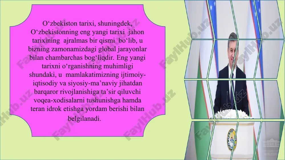 ntirishda juda muhim omil hisoblanadi. “o’zbekistonning eng yangi tarixi” o’quv kursining amaliy ahamiyati kishilarda nafaqat mas’uliyat, vatanparvarlik, bag‘rikenglik hissini uyg‘otadi, balki mintaqa tarixi haqidagi tasavvurlarni kengaytirishga yordam beradi, davlat mustaqilligi siyosatining aniq masalalarini ishlab chiqishda, mamlakatda demokratik islohotlarni yanada chuqurlashtirish va fuqarolik jamiyati asoslarini mustahkamlashda faol ishtirok etadi. foydanildan adabiyotlar: 1.shavkat mirziyoev. biz milliy rivojlanish yo‘limizni yangi bosqichda ishonch bilan davom ettiramiz. 1-jild. t: “o‘zbekiston”, 2017 yil. 2. karimov i. mamlakatda demokratik islohotlarni yanada chuqurlashtirish va fuqarolik jamiyatini shakllantirish kontsepsiyasi.-t: “o‘zbekiston”, 2010 yil. 3. karimov i. o‘zbekiston mustaqillikka erishish ostonasida.-t: “o‘zbekiston”, 2011 yil. 4. sobirov a. o‘zbekistonning yangi tarixi: o‘rganish metodologiyasi masalalari bo‘yicha // "o‘zbekistonning eng yangi tarixi: nazariy va metodologik asoslari, o‘rganish tajribasi, manbalari va usullari" respublika ilmiy-amaliy konferensiyasi materiallari. – t: 2013 yil. 5. rahimov m. o‘rta osiyoda zamonaviy xalqaro munosabatlarni o‘rganishda fanlararo usullardan foydalanish. o‘zbekistondagi og‘iz tarixi: nazariya va amaliyot. –t: o‘zr ii an, 2011 yil. 6. …