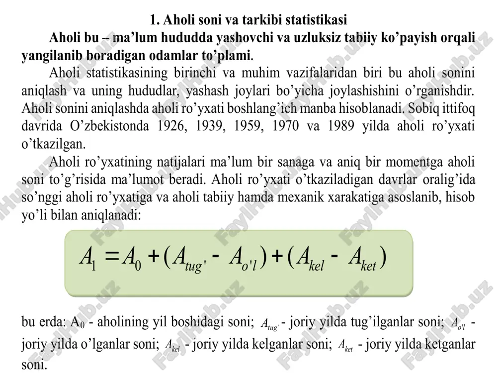 ’yicha guruhlangan koeffitsiyenti shulardan o’lim darajasini ifodalovchi asosiy ko’rsatkich bu o’limning umumiy koeffitsiyenti, va u quyidagi formula yordamida aniqlanadi: bu yerda: k o’l – umumiy o’lim koeffitsiyenti 𝐴 𝑜`𝑙 – 1 yoshgacha o’lgan bolalar soni 𝐴 ҧ – o’rtacha aholi soni 𝐾 𝑜′𝑙 = 𝐴𝑜’𝑙 𝐴 ҧ ∗1000 aholi harakati ko’rsatkichlari № ko’rsatkichlar hisoblash tarkibi izohlar i. tabiiy harakat ko’rsatkichlari 1. tug’ilish koeffitsiyenti ( t k ) а a k tug t 1000 '   'tug a -tug’ilganlar soni  -aholining o’rtacha soni 2. o’lim koeffitsiyenti ( 'o k ) а a k lo o 1000 ' '   lo a ' -o’lganlar soni 3. mutloq tabiiy o’zgarishi ( 'to ) lotug aato '' '  4. tabiiy o’zgarishi koeffitsiyenti ( 'to k ) а aa k lotug to 1000)( '' '   yoki '' otto kkk  5. maxsus tug’ilish koeffitsiyenti ( mt k )  …