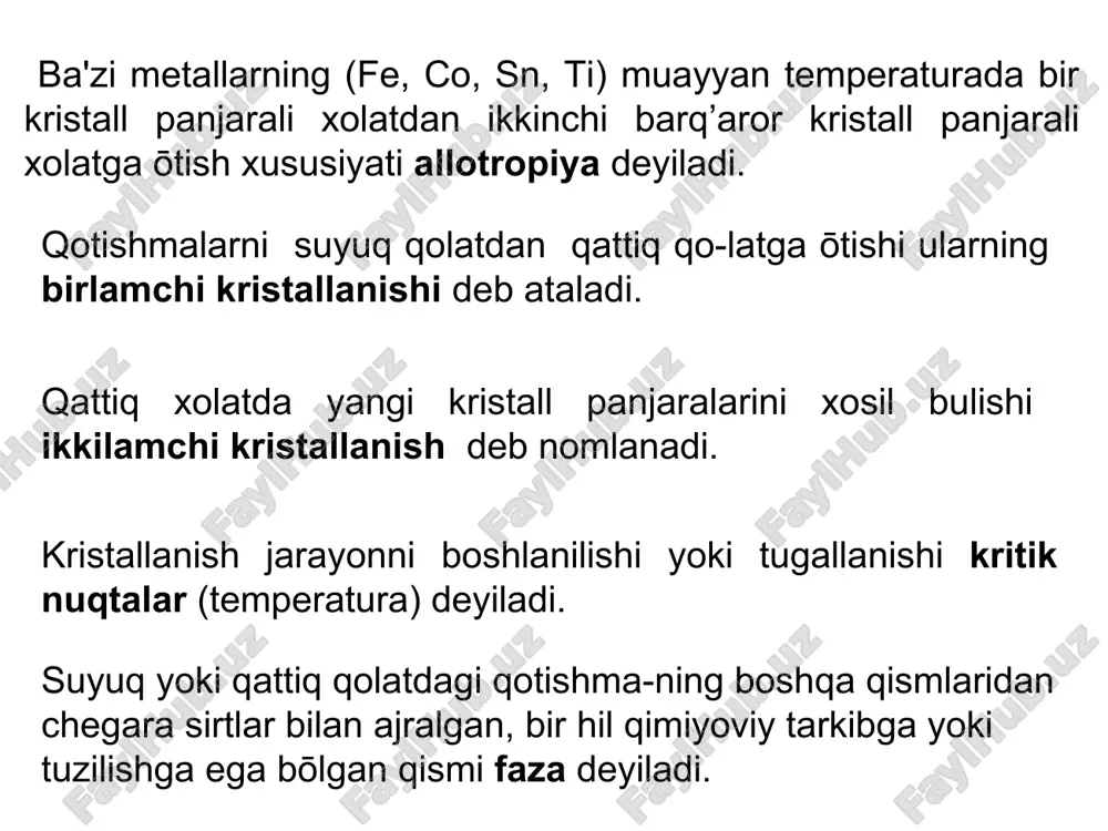 anlar nazorat savollari: 1. kristall panjaralarning qanday turlarini bilasiz? 2. mеtallarning allotropik shakl ōzgarishlarini ta'riflab bеring. kritik nuqtalar xaqida nima bilasiz? sovish egri chizigi xaqida tushuncha. 3. qotishma nima? qotishmalarning birlamchi va ikkilamchi kristalanishini ta'riflab bеring. faza nima? 4. mеxanik aralashmalarni, qattiq eritmalarni, qimyoviy birikmalarni ta'riflang. 5. austеnit va fеrrit nima? tsеmеntit, pеrlit va lеdеburit nima? 6. holat diagrammasi nima va u qanday quriladi? likvidus va solidus chiziqlarda qanday jarayonlar kеchadi? qaysi chiziqlarda ii-chi kristallanishi boshlanadi va tugaydi? 7. evtеktika va evtеktoid ōzgarishlarni ta'riflab bеring.