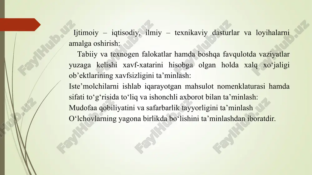 i amalga oshiradi. import mahsulot, basharti u o‘zrda amal qilayotgan standartlarning majburiy talablari qismiga muvofiqligi tasdiqlanmagan bo‘lsa, yetkazib berilishi va belgilangan maqsadda ishlatilishi mumkin emas. standart va texnik shartlarga komplekt bo‘lmagan, noto‘g‘ri idish yoki g‘iloflangan, belgilashga bo‘lgan talablar bajarilmagan, konstruktiv va boshqa nuqsonlar bilan mahsulotlar yetkazib berilsa, ta’minotchi (ishlab chiqaruvchi) o‘zrning fuqorolik qonunchiligiga muvofiq javob beradilar. import mahsulot, basharti u o‘zrda amal qilayotgan standartlarning majburiy talablar qismiga muvofiqligi tasdiqlanmagan bo‘lsa, yetkazib berilishi va belgilangan maqsadda ishlatilishi mumkin emas. standart va texnik shartlarga komplekt bo‘lmagan, noto‘g‘ri idish yoki g‘iloflangan, belgilashga bo‘lgan talablar bajarilmagan, konstruktiv va boshqa nuqsonlar bilan mahsulotlar yetkazib berilsa, ta’minotchi (ishlab chiqaruvchi) o‘zrning fuqorolik qonunchiligiga muvofiq javob beradilar. 1-rasm. standartlar darajalari, ularni tasdiqlash darajalari va o‘zbekiston standartlashtirish davlat tizimi standartlarining turlari unifikatsiya (lotinchadan: yagona tartibga, formaga keltirish) - bu ob’ektni itisodiy qo‘llanilishi ma’lumotlari asosida bir xil funksiyada bajaradigan ob’ektlarni belgilangan ko‘rsatkichlari bo‘yicha bir xillikka keltirishdir. shunday qilib, unifikatsiyada eng …