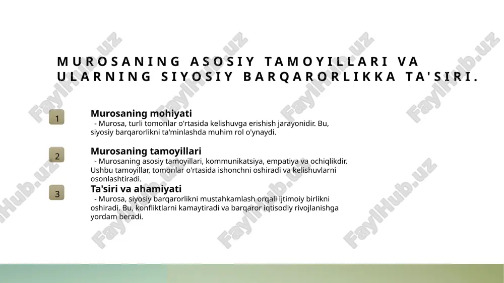 us va murosaning roli konsensus va murosa, siyosiy jarayonlarda ziddiyatlarni hal qilishda muhim ahamiyatga ega bo'lib, barqarorlikni ta'minlashda ijtimoiy birlikni oshiradi va rivojlanishga yordam beradi. 3 o'zbekistonda kelajak istiqbollari o'zbekistonda konsensus va murosa jarayonlari, iqtisodiy islohotlar bilan birga, ijtimoiy barqarorlikni ta'minlashda asosiy mexanizm sifatida kelajakda muhim rol o'ynaydi. foydalanilgan adabiyotlar 1. ustojev, m. k. konsensus va murosa: o'zbekistonda siyosiy barqarorlikning ta'mini olish. o'zbekiston respublikasi fanlar akademiyasi, 2021 2. boboqulov, i. siyosiy barqarorlik va jamiyatda murosa: o'zbekistondagi tajribalar. o'zbekiston respublikasi oliy majlisi, 2020 3. rahimov, a. siyosiy jarayonlar va konsensus: o'zbekistonda barqarorlikni ta'minlashning yangi yo'nalishlari. o'zbekiston milliy universiteti, 2022 4. toshpulatov, s. o'zbekistonda murosa va siyosiy barqarorlik: misollar va tahlil. o'zbekistonda ijtimoiy fikr, 2023 5. xodjaev, d. konsensus va murosa: o'zbekistonning siyosiy barqarorligi uchun yangi strategiyalar. o'zbekiston ijtimoiy fanlar jurnali, 2023 e'tiboringiz uchun rahmat! /docprops/thumbnail.jpeg
