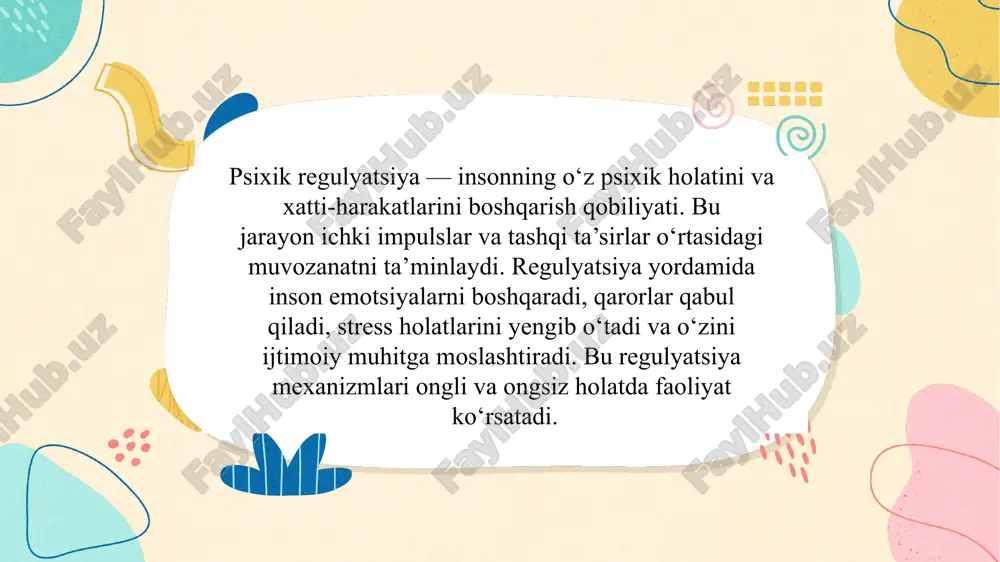 ul qilish, nizolarni hal etish, vaqtni boshqarish, sog‘lom turmush tarzini yuritish regulyatsiyaning amaliy ko‘rinishlaridir. shaxsiy taraqqiyot uchun regulyatsiya zarur. presentation template by xulosa qilib aytganda, psixik faoliyatning psixologik regulyatsiyasi insonning ruhiy barqarorligi, moslashuvchanligi va muvaffaqiyatli hayot kechirishi uchun asosiy omildir. u ongli va ongsiz jarayonlar asosida shakllanadi hamda rivojlanadi. har bir inson bu ko‘nikmalarni hayoti davomida takomillashtiradi. . presentation template by 18. foydalanilgan adabiyotlar 1. nemov r.s. – psixologiya asoslari 2. ananyev b.g. – inson psixologiyasi 3. vygotskiy l.s. – psixik rivojlanish nazariyalari 4. yusupov a.a. – umumiy psixologiya 5. internet manbalari: psycholog.uz, scholar.google.com presentation template by thanks ! presentation template by image7.png image8.png image9.png image10.png image11.png image12.png image13.png image14.png image15.png image16.png image2.png image17.png image3.png image4.png image5.png image6.svg image19.png image20.png image21.png image22.png image23.png image18.png image25.png image24.png image27.png image28.png image29.png image30.jpeg image31.png image32.svg image33.png image34.svg image1.png /docprops/thumbnail.jpeg