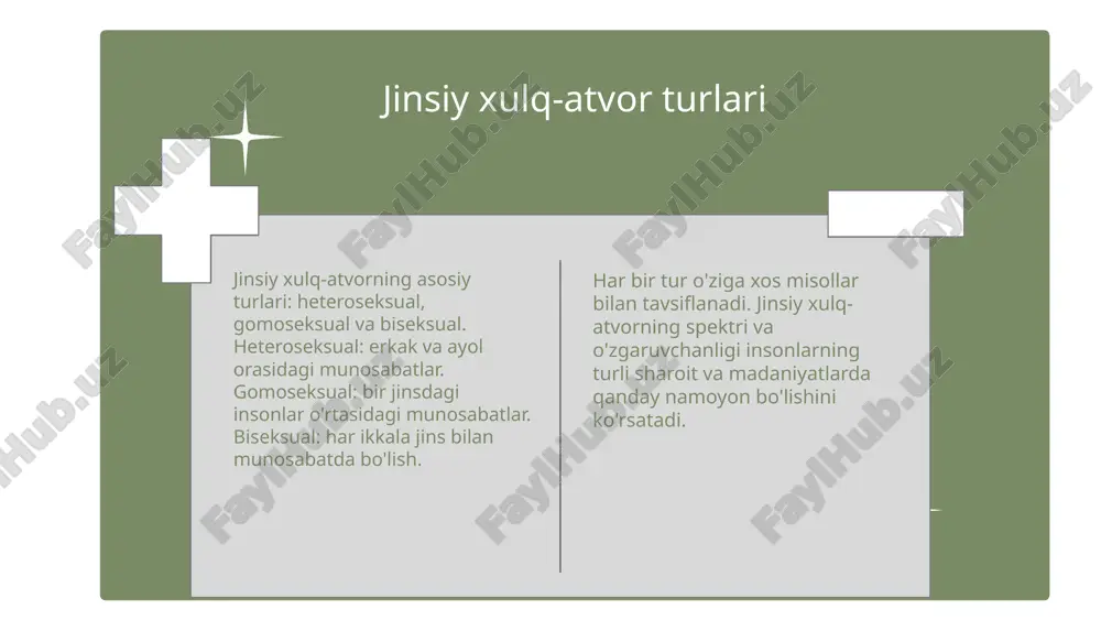 tvor o'zaro muloqot jinsiy xulq-atvorni shakllantirishda muhim rol o'ynaydi. ochiq va samimiy muloqot, ishonch, tushunish va faol tinglash, ochiq savollar berish hamda empatiya bilan muomala qilish strategiyalariga ega bo'lish muhim. masalan, erkak va ayol o'rtasida ochiq suhbatlar, ehtiyojlar va chegaralarni aniqlash hamda muammo yechishda hamkorlik qilish. bu usullar sog'lom jinsiy munosabatlarni rivojlantiradi. photo by michael tucker on unsplash hissiy intellekt rivojlangan shaxslar hissiy intellekt (hi) yuqori bo'lgan insonlar o'z his-tuyg'ularini va boshqalar his-tuyg'ularini yaxshi anglab, boshqaradilar, bu ularning jinsiy munosabatlarida muvofiqlik va moslashuvchanlikni oshiradi. past hissiy intellekt hissiy intellekt rivojlanmagan shaxslar o'z va boshqalar his-tuyg'ularini anglashda qiyinchiliklarga duch keladilar, bu esa jinsiy xulq-atvor muammolariga olib kelishi mumkin. hissiy intellektni rivojlantirish imkoniyatlari hissiy intellektni oshirish uchun treninglar, emotsional ongni rivojlantirish va psixologik maslahatlar orqali yondashuvlar mavjud bo'lib, bu jinsiy munosabatlarda ijobiy natijalarga erishishga yordam beradi. hissiy intellektning yetishmasligi hissiy intellektning kamligi jinsiy xulq-atvor buzilishlariga, noaniqlikka va shaxslararo muammolarga olib kelishi mumkin, …