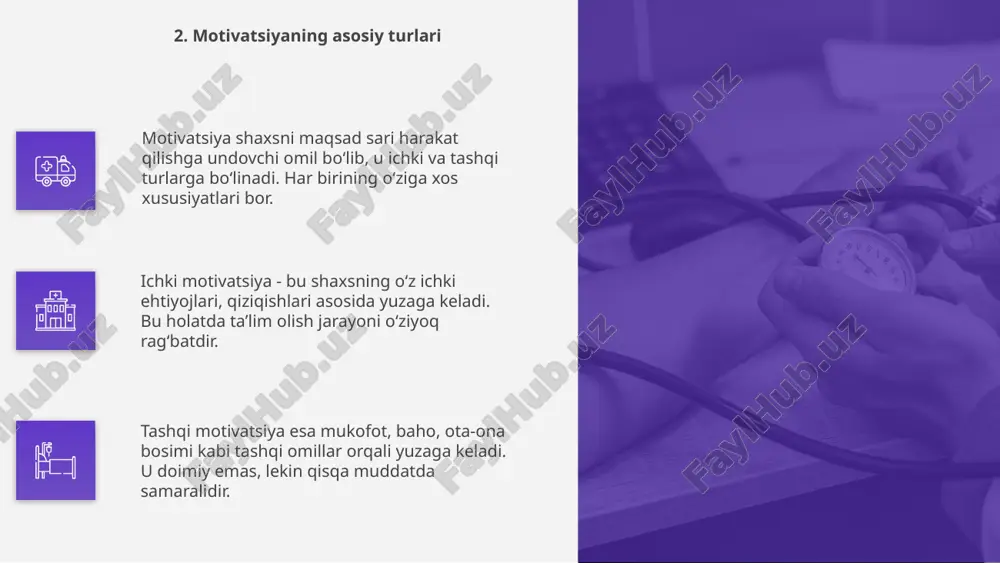 a samarali ta’limga zamin yaratadi. har bir o‘quvchiga mos metodlarni tanlash, ishonchli muhit yaratish orqali ularni faol ishtirokga undash mumkin va bu rivojlanishini tezlashtiradi. 12. individual yondashuvning ahamiyati davlat o'quv motivatsiyasini oshirishda muhim rol o'ynaydi. ta'lim siyosati, grantlar, va imtiyozlar orqali talabalarning bilimga intilishi qo'llab-quvvatlanadi. oila farzandining o'qishga bo'lgan qiziqishini shakllantirishda asosiy muhitdir. muhabbat, diqqat, va rag'bat motivatsiyani kuchaytirishga yordam beradi. davlat va oila o'zaro hamkorlik qilganda, bilim olish jarayoni samaraliroq bo'ladi. bu esa yoshlarning kelajakda muvaffaqiyatga erishishiga xizmat qiladi. 13. davlat va oilaning roli texnologiyalar o‘quvchilarning motivatsiyasini oshirishda muhim rol o‘ynaydi. interaktiv darslar va virtual muhit ta'lim jarayonini qiziqarli va samarali qiladi. mobil ilovalar, onlayn platformalar hamda gamifikatsiya metodlari o‘quvchilarni faol ishtirok etishga, o‘zlashtirishni kuchaytirishga yordam beradi va rag'batlantiradi. texnologik yangiliklar bilan tanishish o‘quvchilarda zamonaviy bilimlarga qiziqishni oshirib, ularni tanqidiy fikrlashga hamda novatorlikka undaydi. 14. texnologiyalar bilan motivatsiya 01 baholash va mukofotlash o‘quvchilarning motivatsiyasini oshirishda muhim rol o‘ynaydi. har …