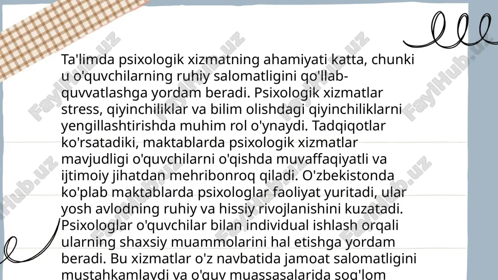 k stressni kamaytiradi va o‘quvchilarni ko‘proq muvaffaqiyatga erishtiradi. shu bilan birga, inkluziv ta'limni rivojlantirish uchun hissiyong‘irlik va empatiya kabi yondashuvlar qo‘llaniladi. ... t.me/slaydai_bot psixologik xizmatning rivojlanishi bir necha muhim bosqichlardan o'tgan. ilk bosqichda, xix asr oxirida va xx asr boshlarida, psixologiya mustaqil fan sifatida shakllana boshladi. keyinchalik, xx asrning o'rtalarida psixologik maslahat va terapiya keng ommalashdi. 1950-yillarda turli nazariyalar, masalan, ruhiy holat terapiyasi va biheviorizm rivojlandi. 1980-yillarda, kognitiv psixologiya va ijtimoiy psixologiya yo'nalishlari rivojlanib, psixologik xizmat ko'rsatish ko'lamini kengaytirdi. xxi asrda esa sifatli psixoterapiya va maslahat xizmatlariga talab yanada oshdi. internet va texnologiyalar rivojlanishi natijasida onlayn psixologik xizmatlar ham paydo bo'ldi, bu esa kengroq auditoriyaga yetib borish imkonini berdi. bu jarayonlar davomida innovatsiyalar va ilmiy tadqiqotlar psixologik xizmatlarning sifatini oshirib bordi. ... t.me/slaydai_bot psixologik xizmat ko'rsatishda innovatsion usullar orasida raqamli texnologiyalar asosida yaratilgan onlayn maslahat platformalari keng tarqalmoqda. shu jumladan, mobil ilovalar orqali o'z-o'zini baholash testlari, virtual reallik orqali stressni …