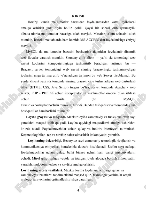 chiqish kerak. ularning saytlarida qanday funksiyalar mavjud va ular qanday foydalanuvchi tajribasini taklif etishini isbotlaydi. funksional talablar-sayt qanday funksiyalarga ega bo'lishi kerakligini ifodalaydi.foydalanuvchi ro‘yxatdan o‘tish va tizimga kirish.mahsulotlarni qidirish va filtrlay olish.to‘lov tizimini qo‘llab-quvvatlash. nofunksional talablar-saytning ishlash shartlarini ifodalaydi. tezlik - sayt yuklanishi 3 soniyadan ortiq bo‘lmasligi kerak. xavfsizlik - foydalanuvchi ma’lumotlari shifrlanishi zarur. texnik talablar-saytni ishlab chiqishda qanday texnologiyalar va platformalar ishlatilishini belgilaydi. html, css, javascript. ma’lumotlar bazasi - mysql, postgresql. server tomonida - php, node.js, python. dizayn talablar - sayt foydalanuvchilar uchun qanchalik qulay va intuitiv bo'lishi kerakligini ifodalaydi. responsive dizayn (mobil qurilmalarga moslashuv) foydalanuvchi interfeysi dizayni (ui) va foydalanuvchi tajribasi (ux).saytning tizimli tahlili va talablarni belgilash jarayoni uning muvaffaqiyatli ishlashiga asos bo'ladi. har bir bosqichda ehtiyotkorlik bilan ishlash, saytning samaradorligini va foydalanuvchi tajribasini yaxshilashga yordam beradi. yaxshi rejalashtirilgan tizimli tahlil, saytni rivojlantirish jarayonida vaqt va resurslarni tejashga olib kelishi mumkin. [1] 1.1. veb-sayt dizayni bilan ishlash web …
