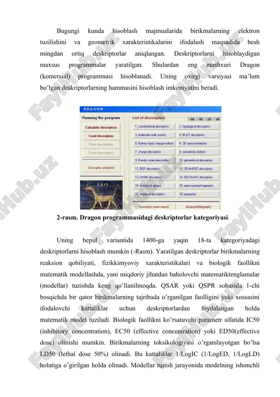 deskriptordan tarkib topgan modellarni top deb komanda berish mumkin. 4-rasm. modellar olishga mo’ljallangan builqsar programmasi. shuni ta’kidlab o’tish kerakki, topiladigan modeldagi deskriptorlar soni o’rganilayotgan birikmalar soniga ko’ra ma’lum bir chegaraga ega. topiladigan modeldagi maksimal deskriptorlar sonini (ds) birikmalar sonini (bs) 5-ga bo’lish orqali topiladi: ds=bs/5. demak, qaralayotgan 30-ta birikma uchun tanlanadigan modelda deskriptorlar soni 6-tadan oshmasligi kerak (y = x1+x2+x3+x4+x5+x6). bitta, ikkita, uchta, to’rtta, beshta va oltita deskriptorli modellar ichidan korrelyasiya koeffisienti (r2) eng yuqori bo’lganlari tanlab olinadi. olingan modellar, test guruhidagi birikmalar uchun hisoblangan deskriptorlarni ushbu modelga qo’yib bashorat qilingan biologik faollik kattaligi aniqlanadi. test guruhi birikmalari uchun tajribadan ma’lum bo’lgan bf kattaligi va bashorat qilingan bf kattaligi orasidagi miqdoriy bog’liqlik (r2test) aniqlanadi. ushbu qiymat r2test ≥ 0.7 bo’lsa topilgan model ishonchi model sanaladi. image1.png image2.png image3.png image4.png